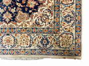Persian Isfahan Rug 4x5, Navy Blue & Ivory, Wool and Silk Highlights