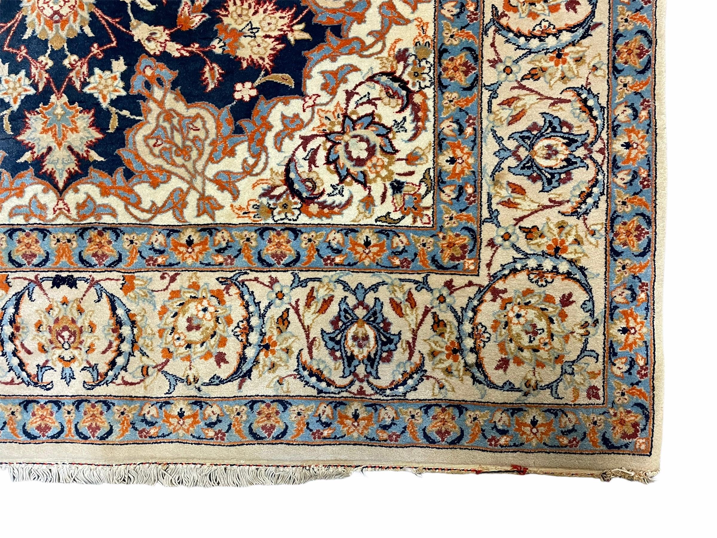Persian Isfahan Rug 4x5, Navy Blue & Ivory, Wool and Silk Highlights