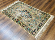 Indian Kashmiri Silk Rug 3x5, Floral Medallion, Fine 200 KPSI