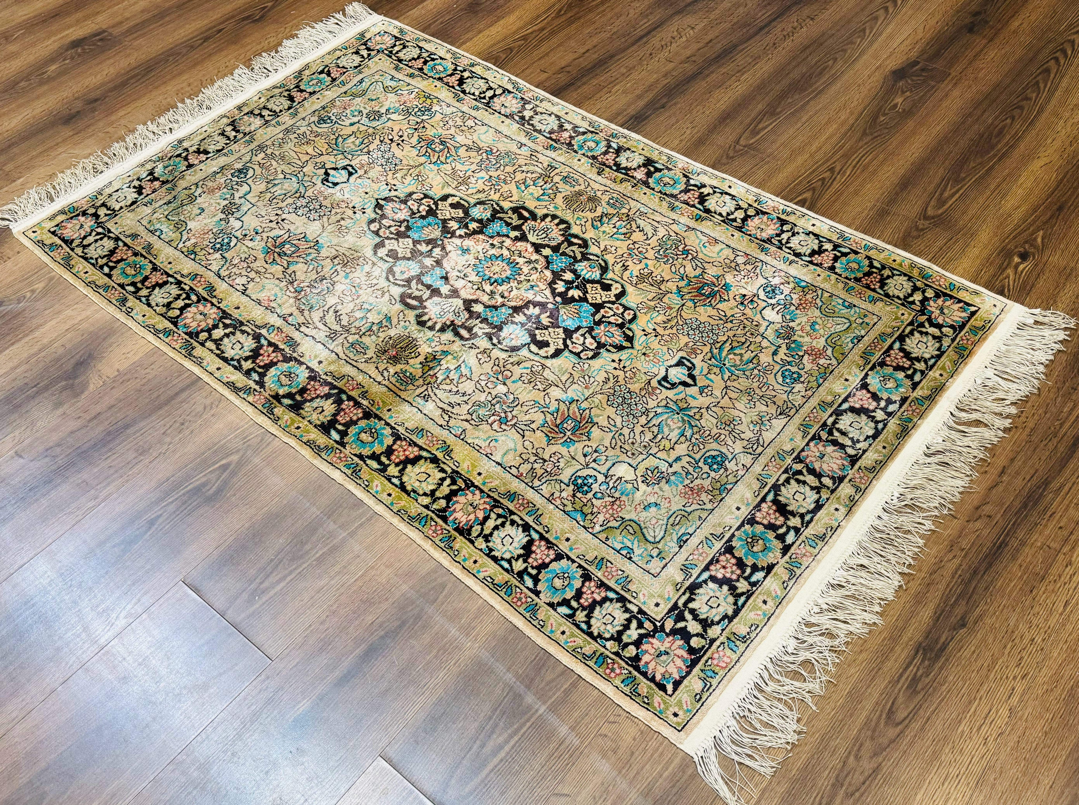 Indian Kashmiri Silk Rug 3x5, Floral Medallion, Fine 200 KPSI