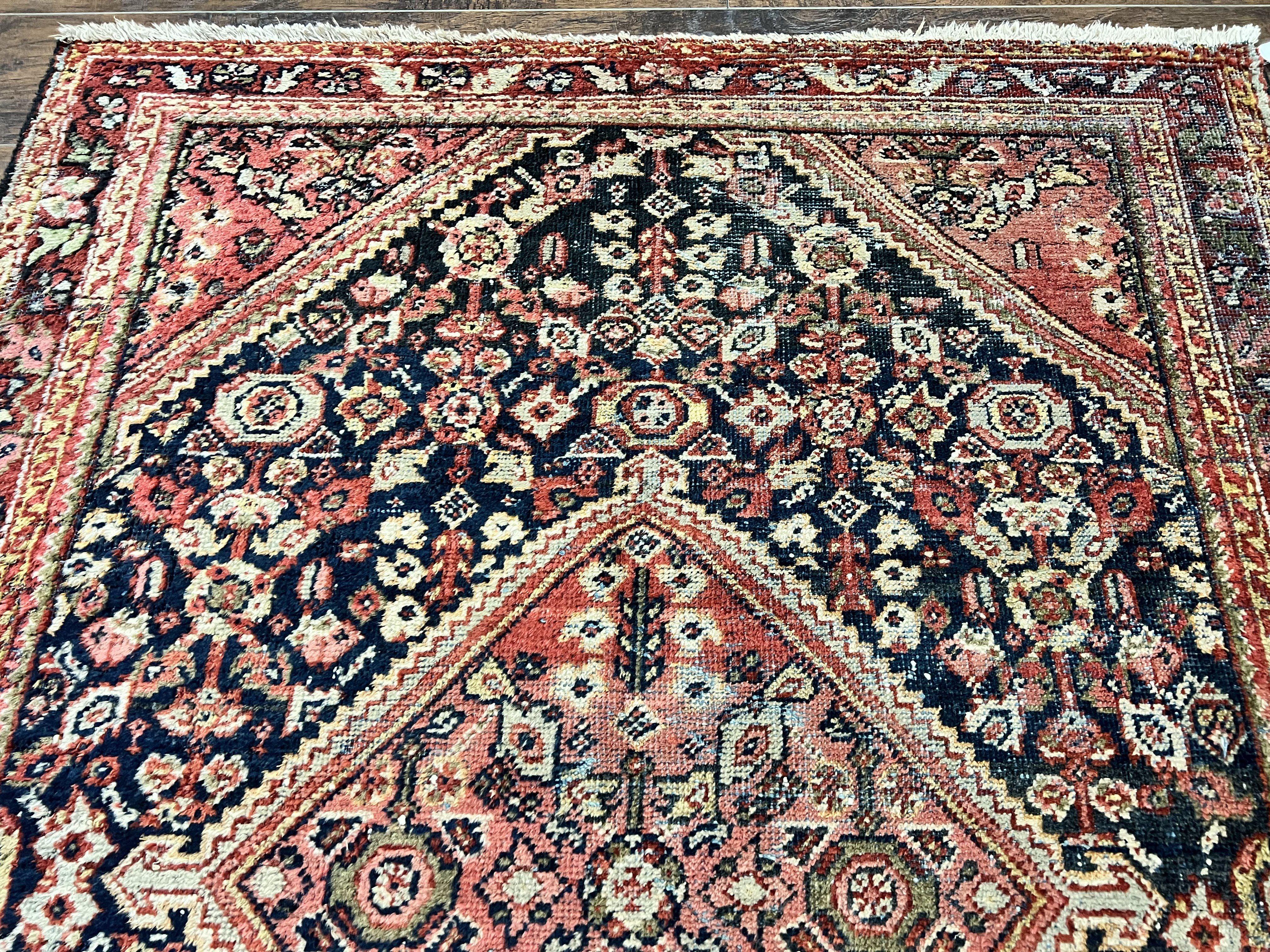Antique Persian Mahal Rug 4x7, Wool Hand Knotted Tribal Geometric Carpet
