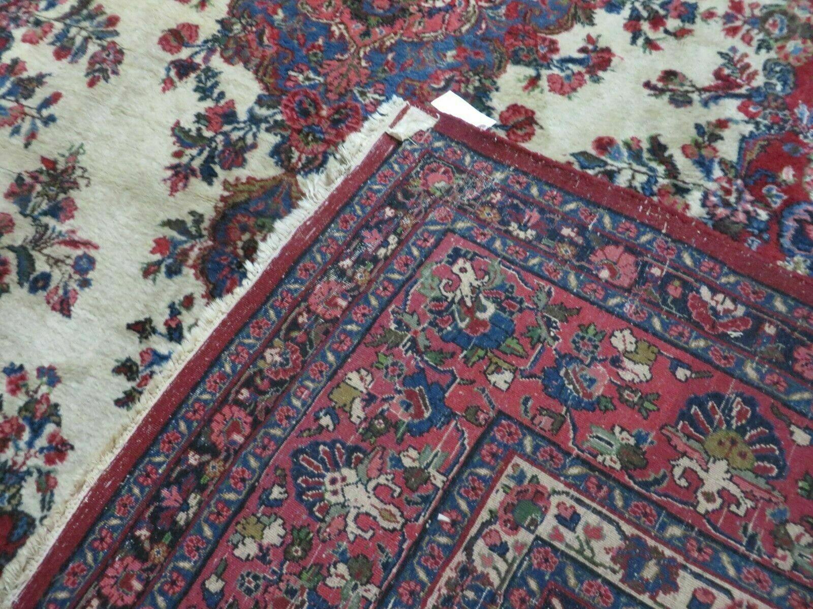 9x12 Persian Sarouk Rug - Semi Open Field Medallion Rug - Ivory Red Blue Hand Knotted Wool Oriental Carpet 9 x 12 Antique Rug - Vegetable Dyes