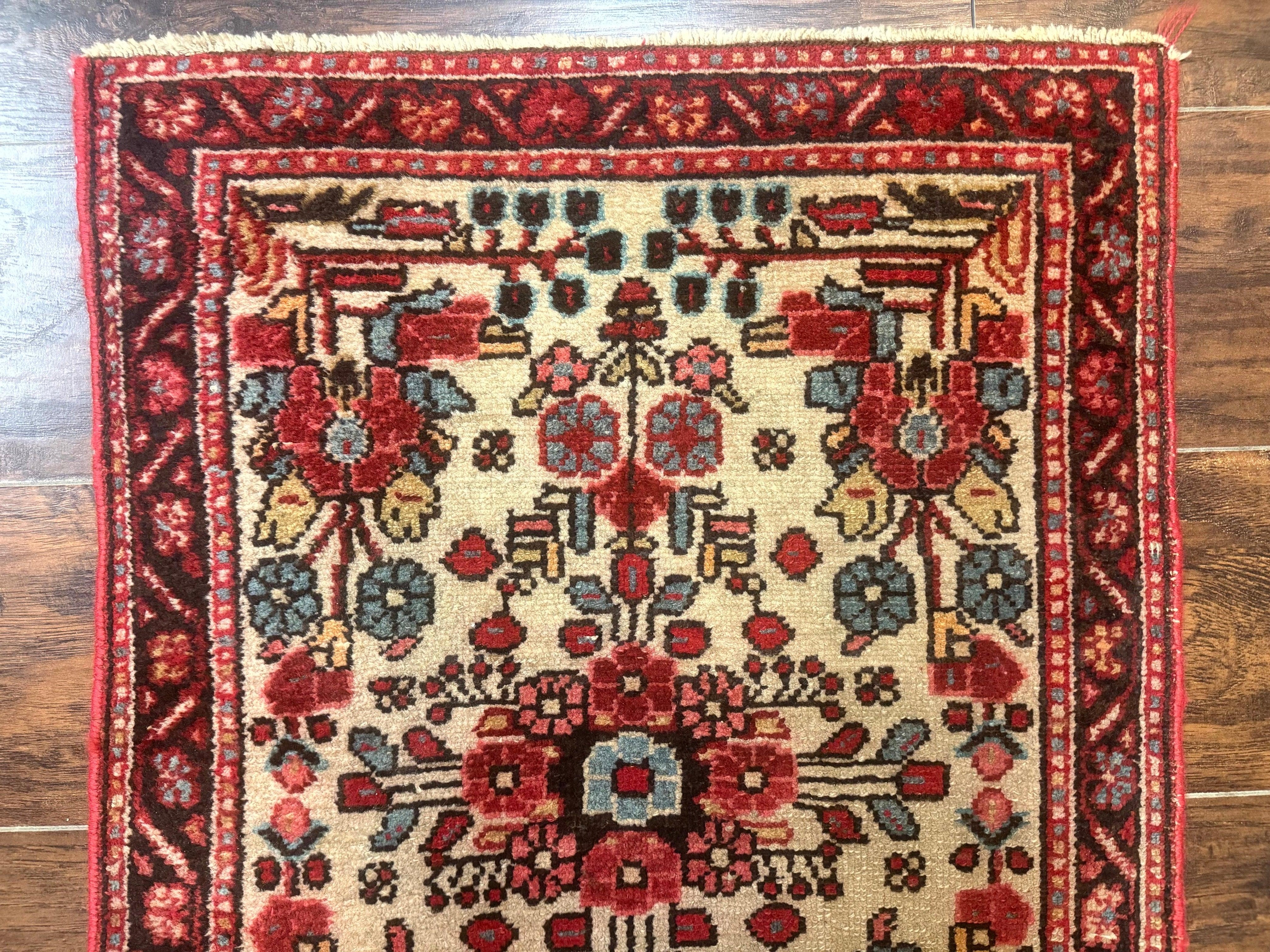 Small Antique Persian Rug 2x3, Beige and Red, Floral, Wool, Hamadan Rug