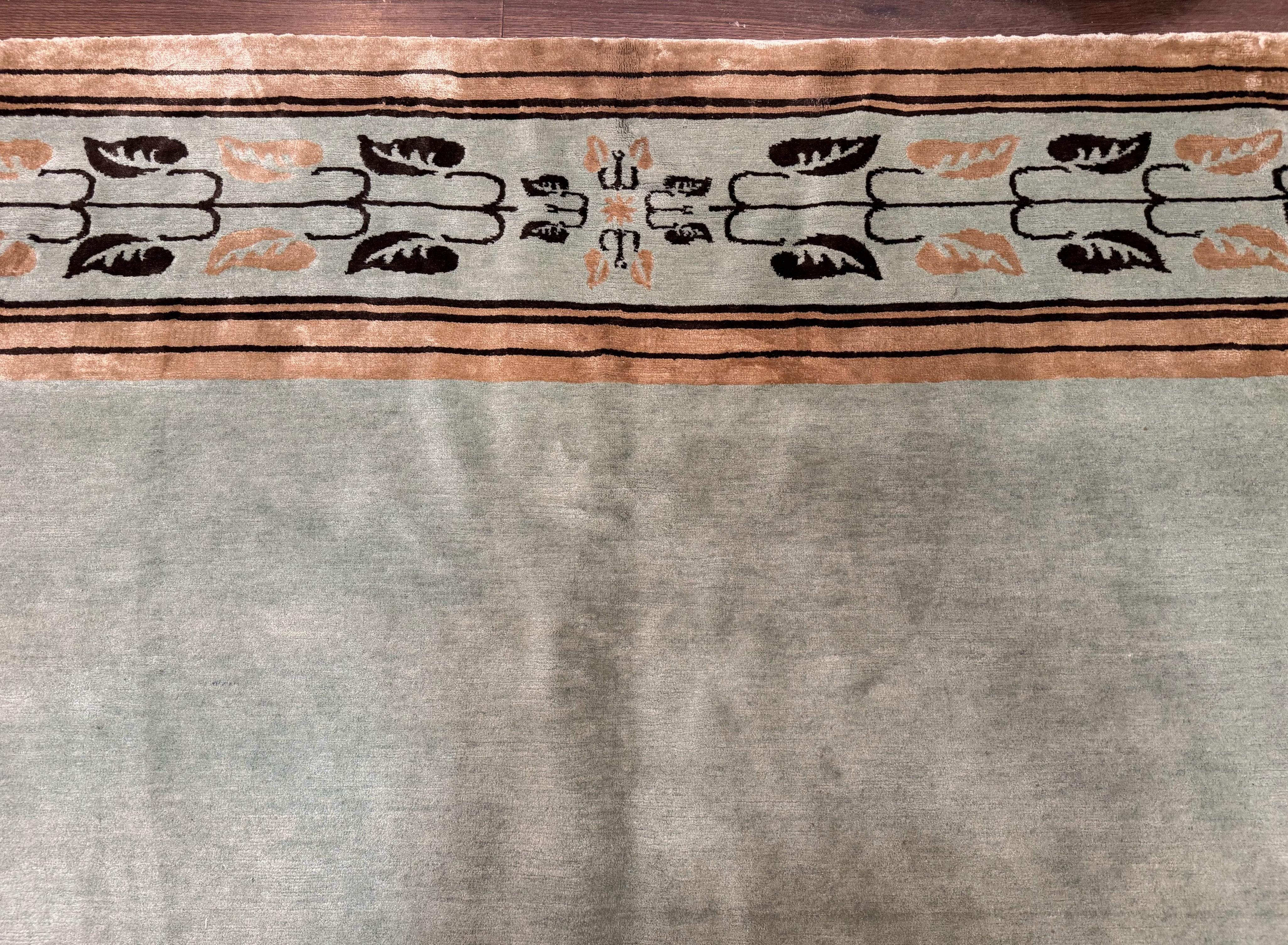 Palace Size Nepali Rug 9x18, Open Field, Light Mint Green, Wool Hand Knotted, Modern Contemporary