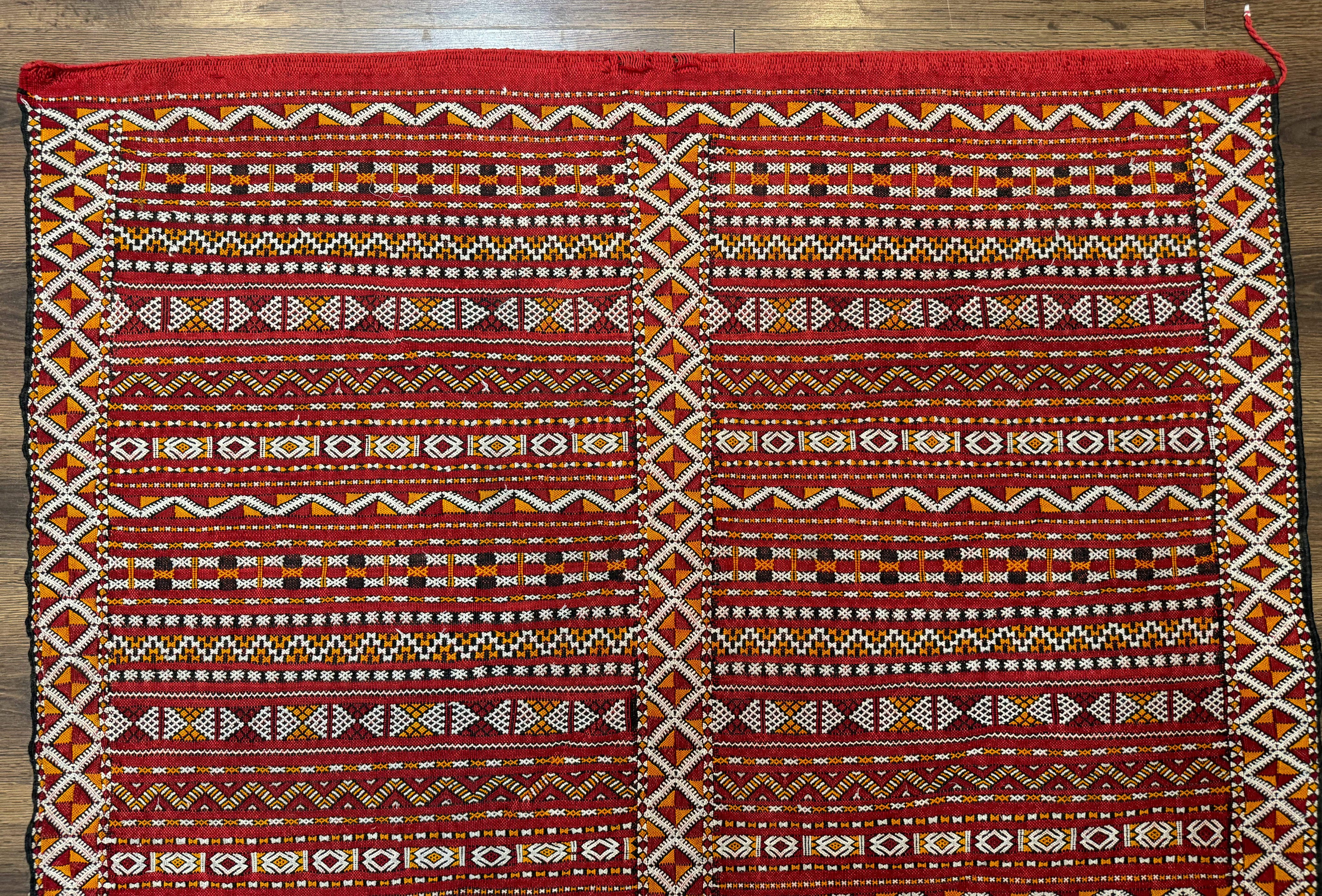 Moroccan Kilim Rug 4x8, Flatweave, Bohemian, Red Ivory Orange
