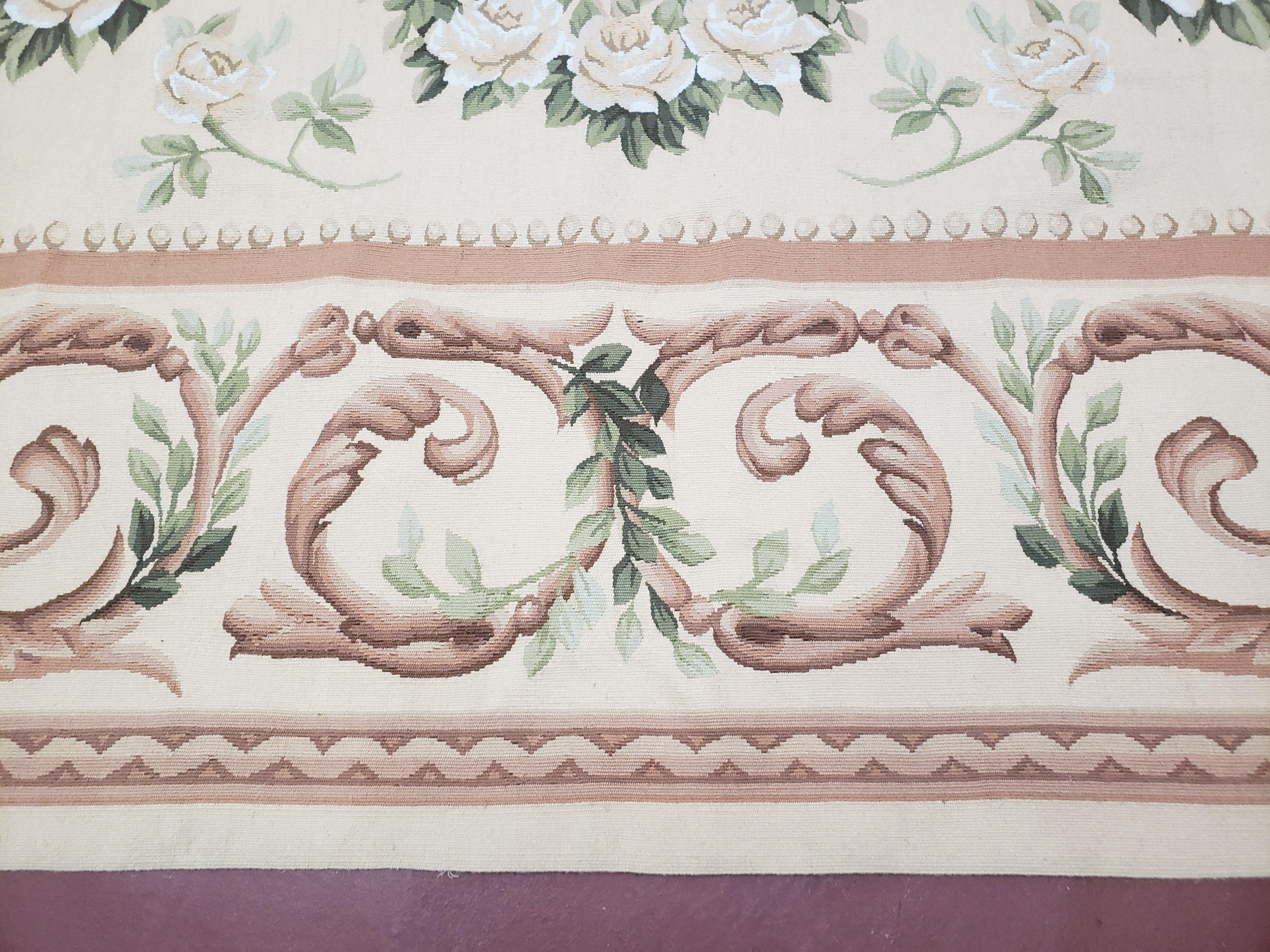 Elegant Aubusson Rug 10 x 14, Cream and Ivory Simple Aubusson Floral Carpet, Hand-Woven, European, New Aubusson Rug, Wool Area Rug, Violins