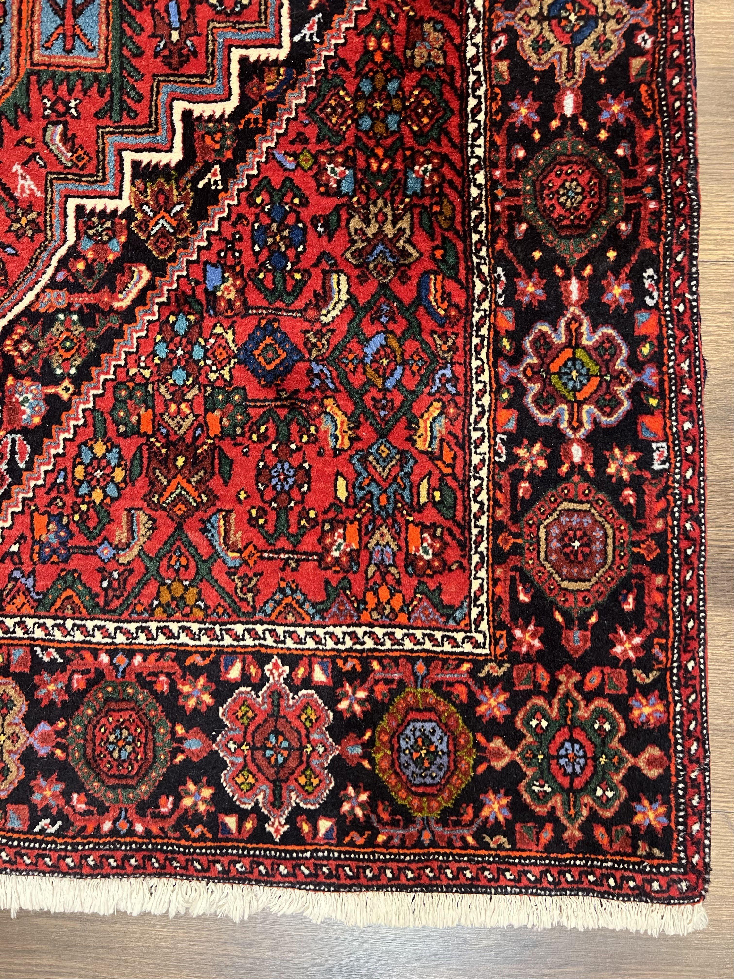 Fine Persian Bidjar Rug 3x5 ft, Ruby Red and Black, Geometric Medallion, Hand Knotted Semi Antique Oriental Bijar Carpet, Wool Area Rug, Tribal Rug