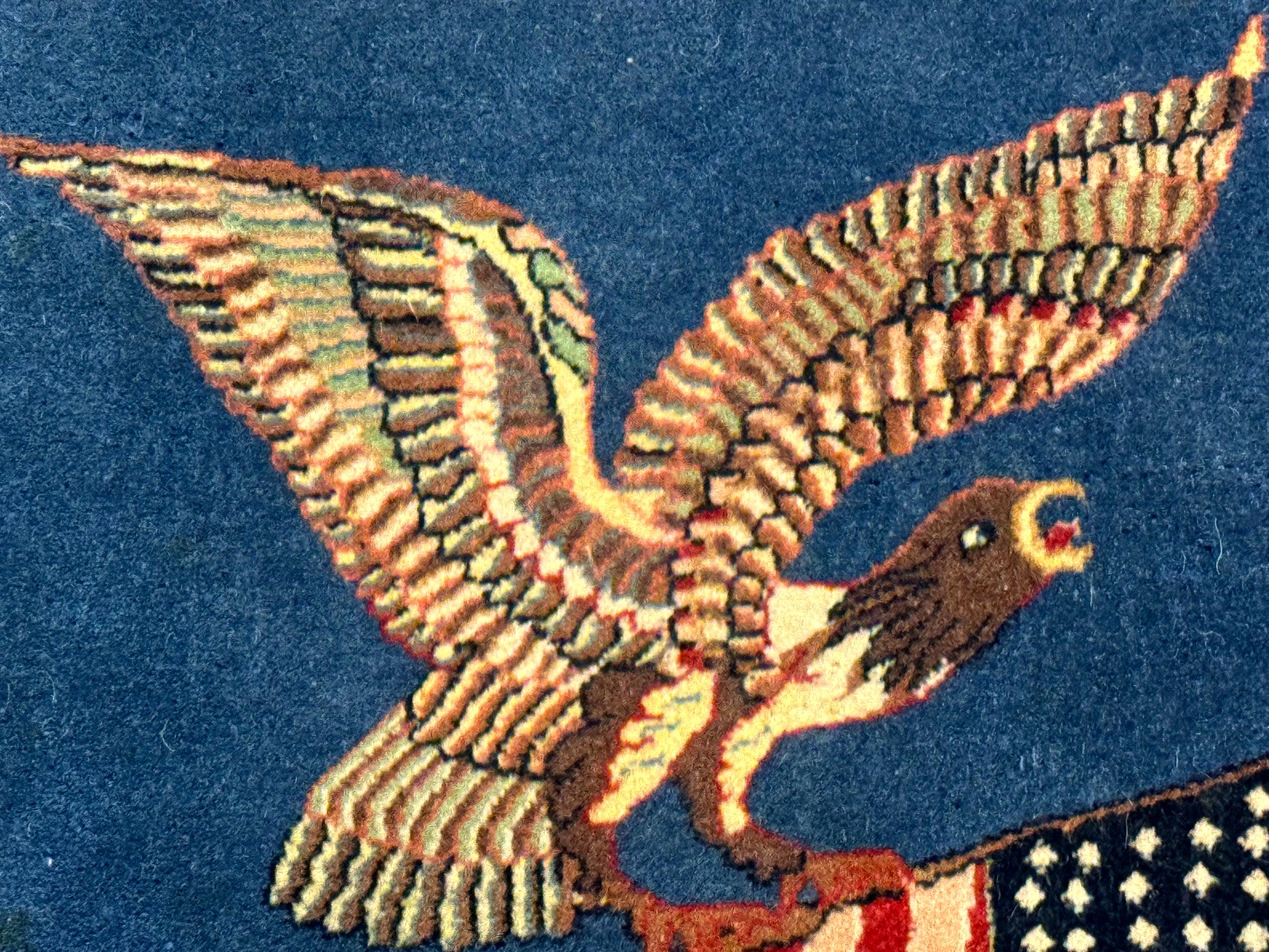 Pictorial Rug of American Flag with Bald Eagle, Small Indo Persian Pictorial Rug, Blue, Handmade, Very Fine 330 KPSI