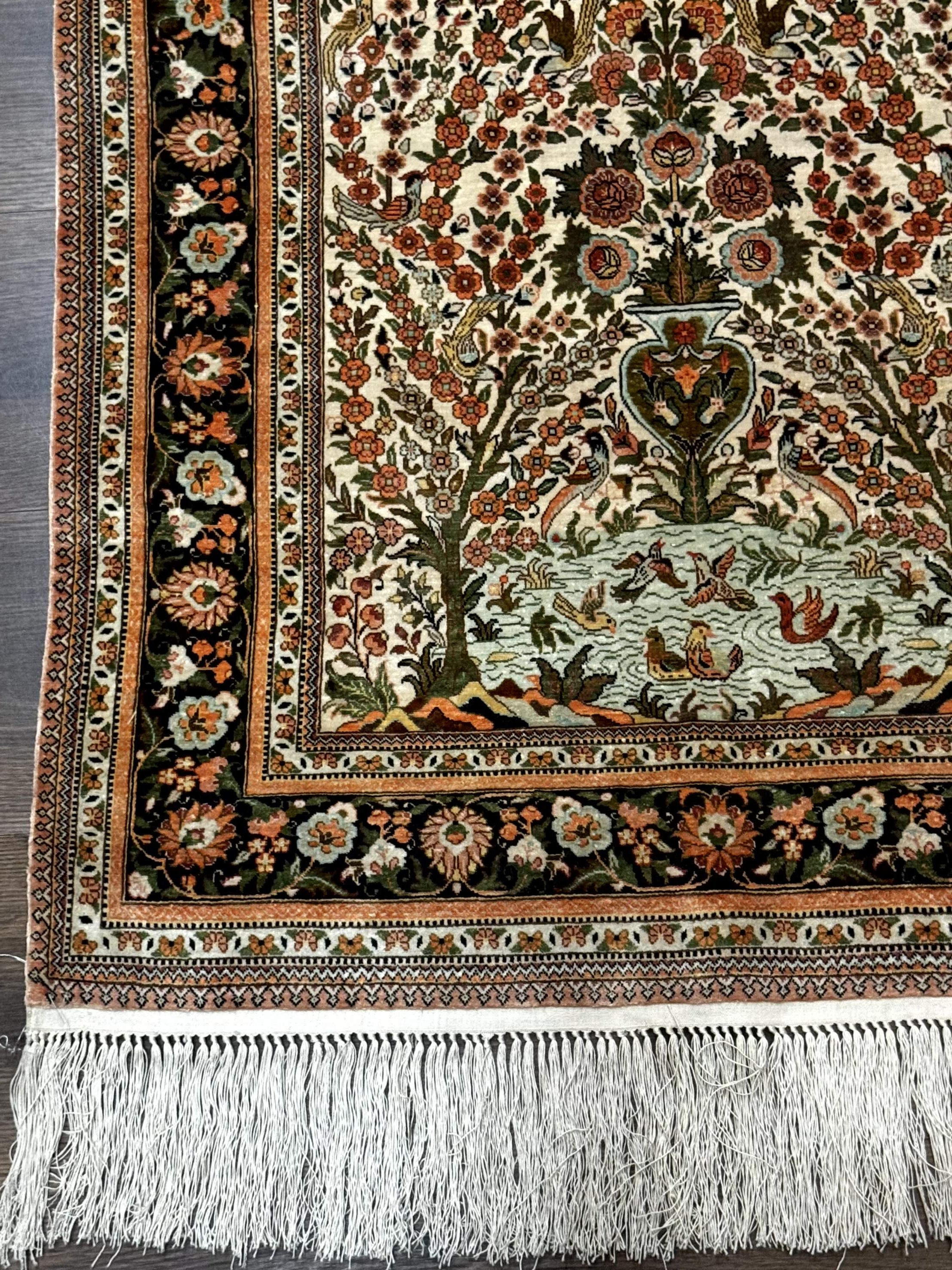 Exceptional Silk Rug 2.6 x 4, Very Fine 630 KPSI, Persian Vase Tree of Life Bird Pictorials, Handmade