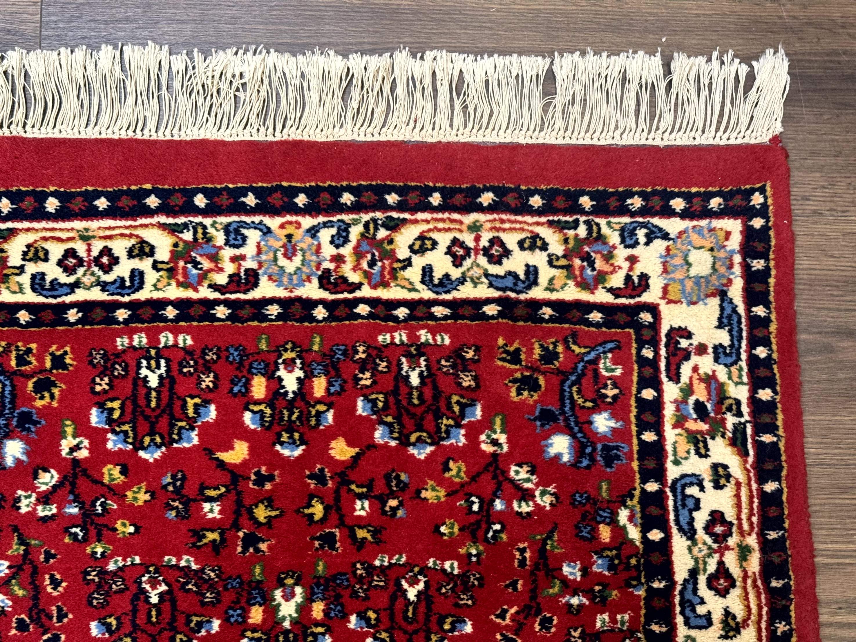 Indo Persian Sarouk Runner Rug 3 x 12, Red and Cream, Allover Pattern, 12ft Runner, Hand Knotted