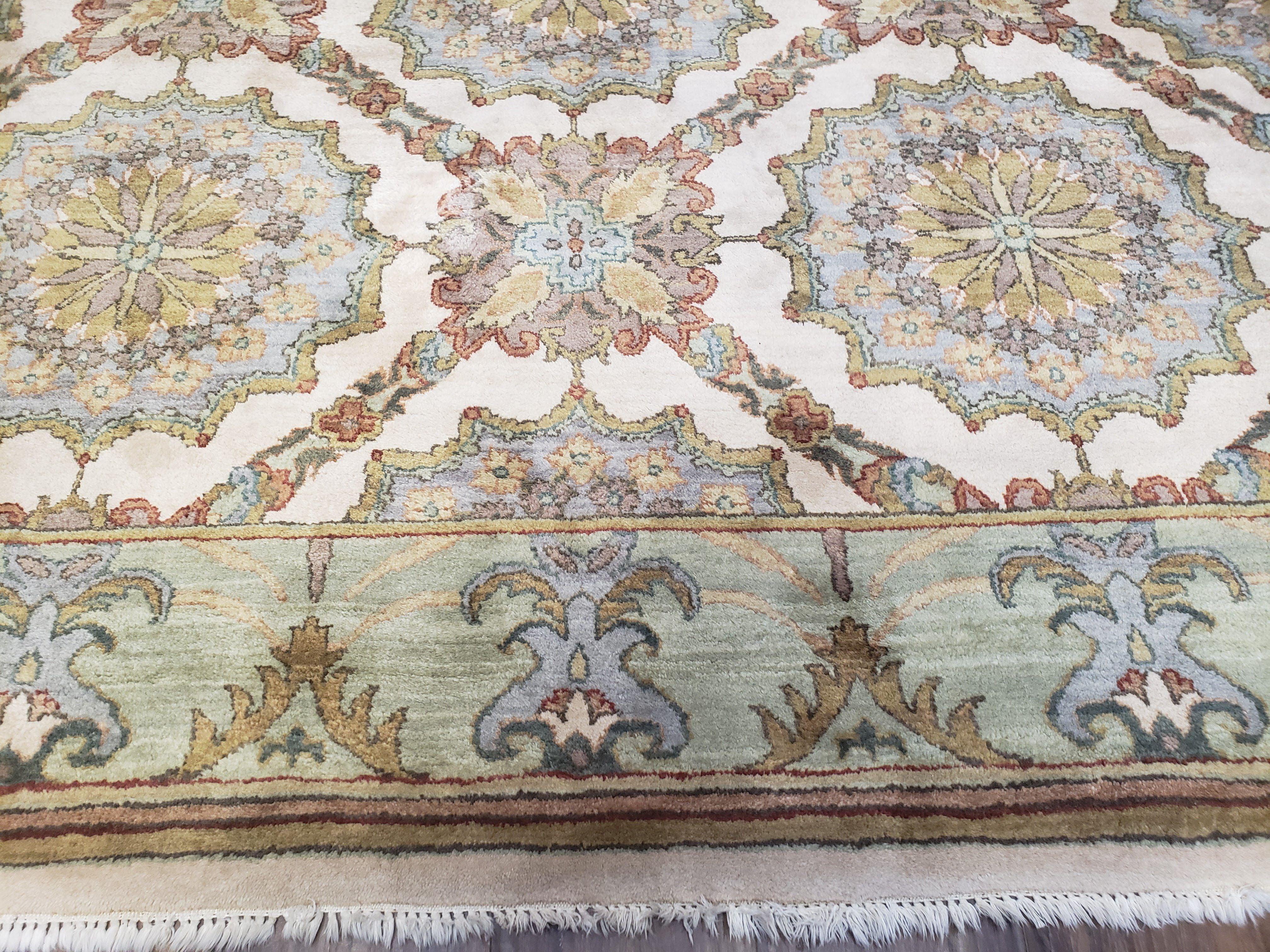 Indo Sultanabad Area Rug 8 x 9.5, Wool Hand-Knotted Ivory Green Teal Decorative Rug, Floral Panel Carpet, Indian Rug, 8 x 10 Bedroom Rug