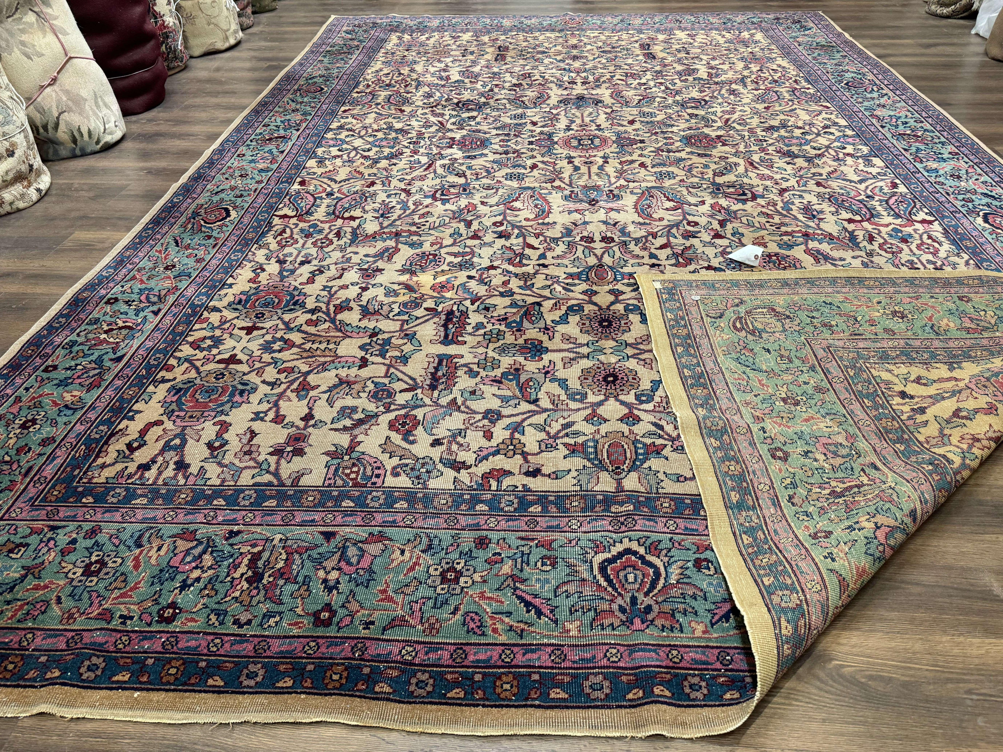 Antique Persian Rug 10x15, Camel and Cyan, Allover Pattern, Rare, Samarkand Rug