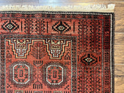 Antique Persian Turkoman Rug 3x6, Wool Tribal Handmade Carpet, Red and Black