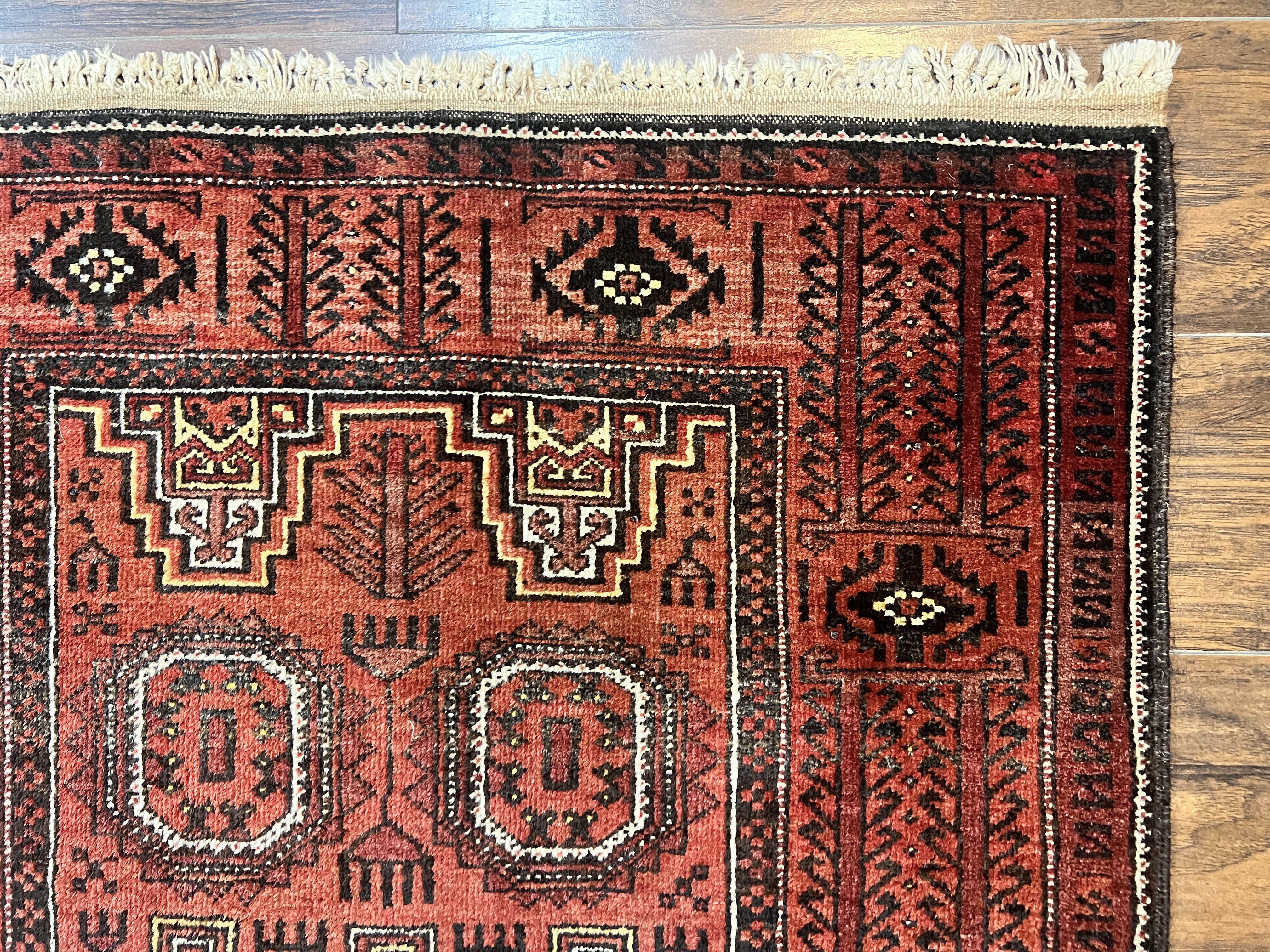Antique Persian Turkoman Rug 3x6, Wool Tribal Handmade Carpet, Red and Black