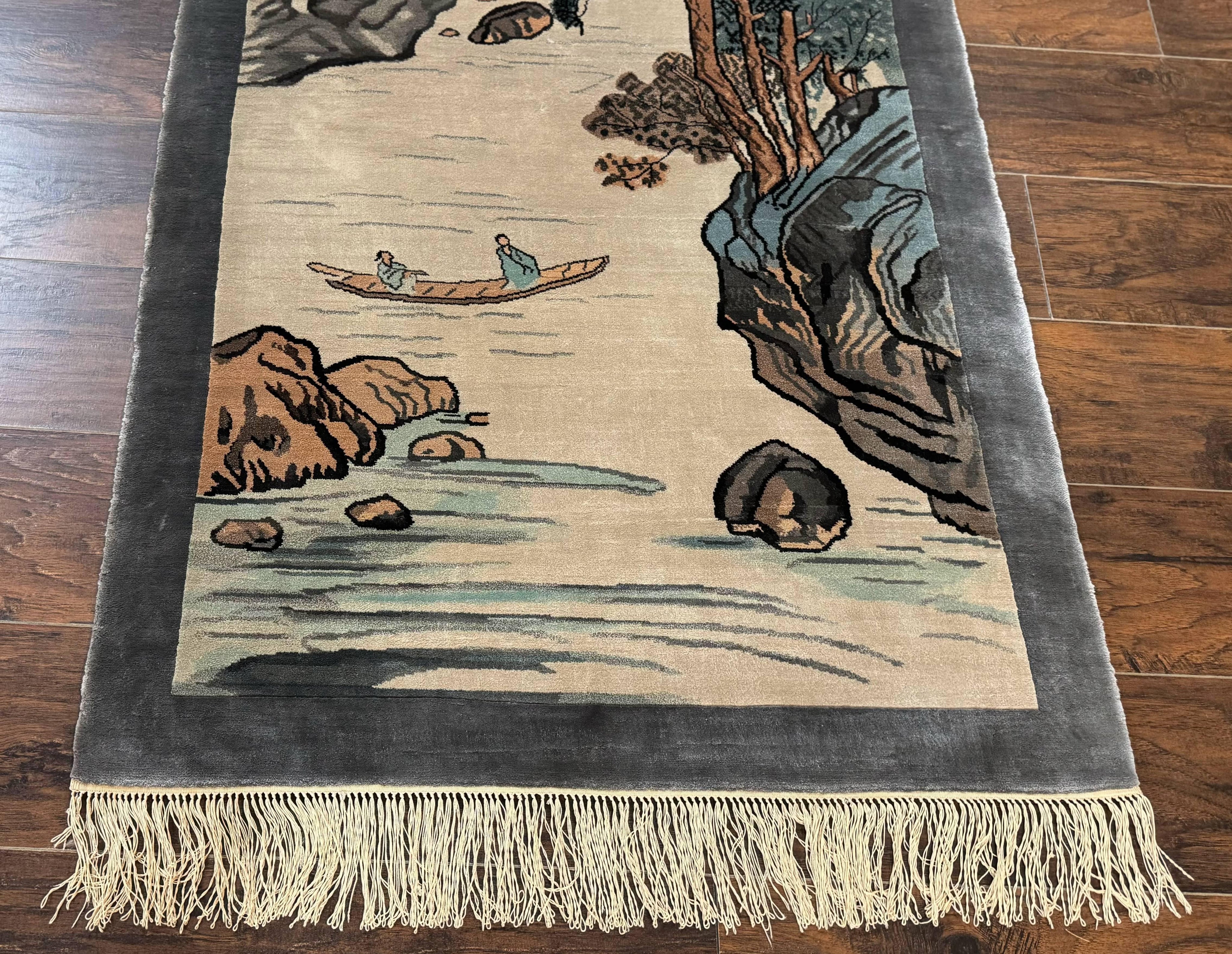 Chinese Silk Wall Hanging 3x5, Handmade, River and Boat Scene, Rug Tapestry