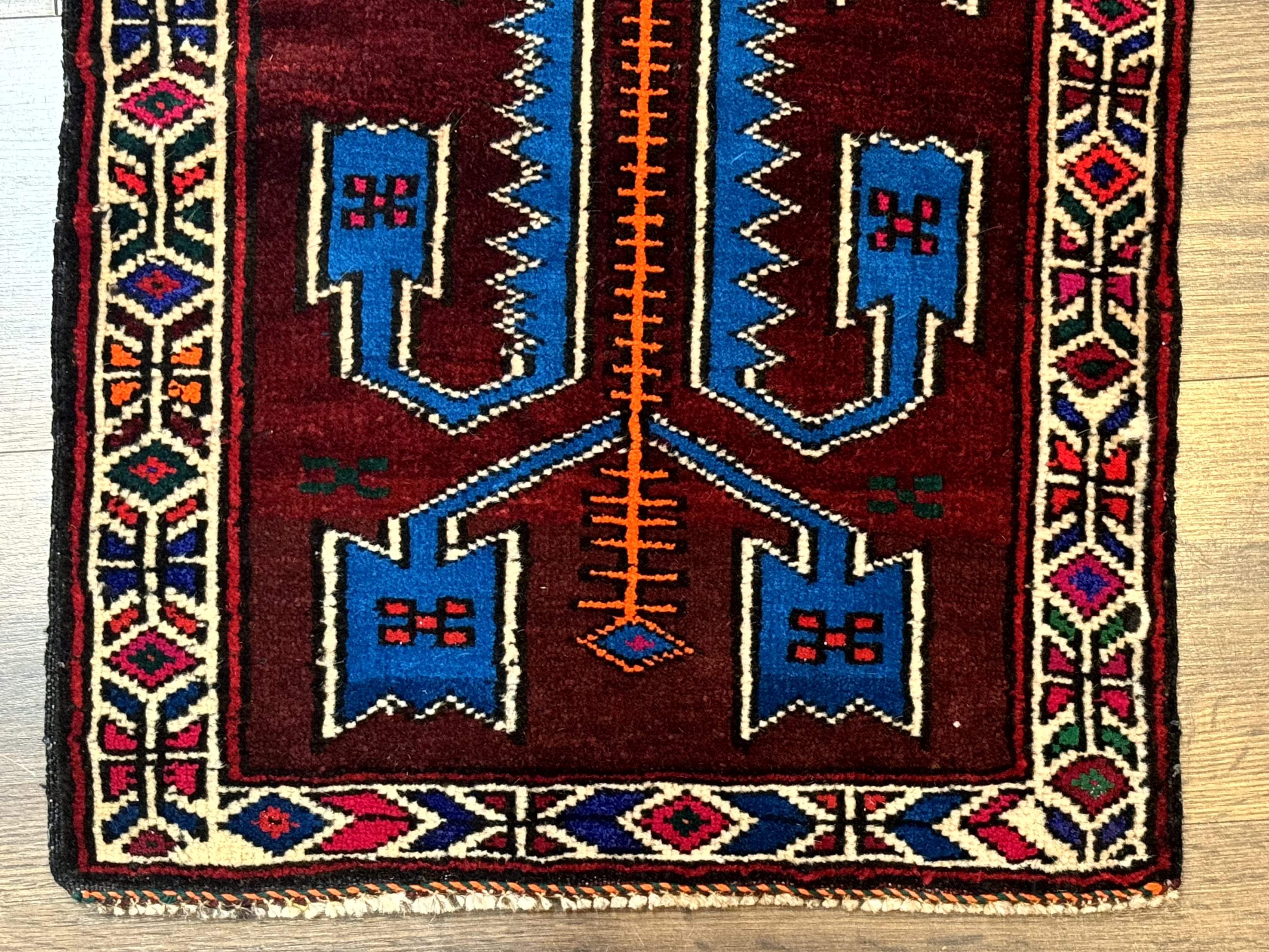 Persian Tribal Rug 1.8 x 2, Small Balouchi Rug, Unique Design, Burgundy and Blue