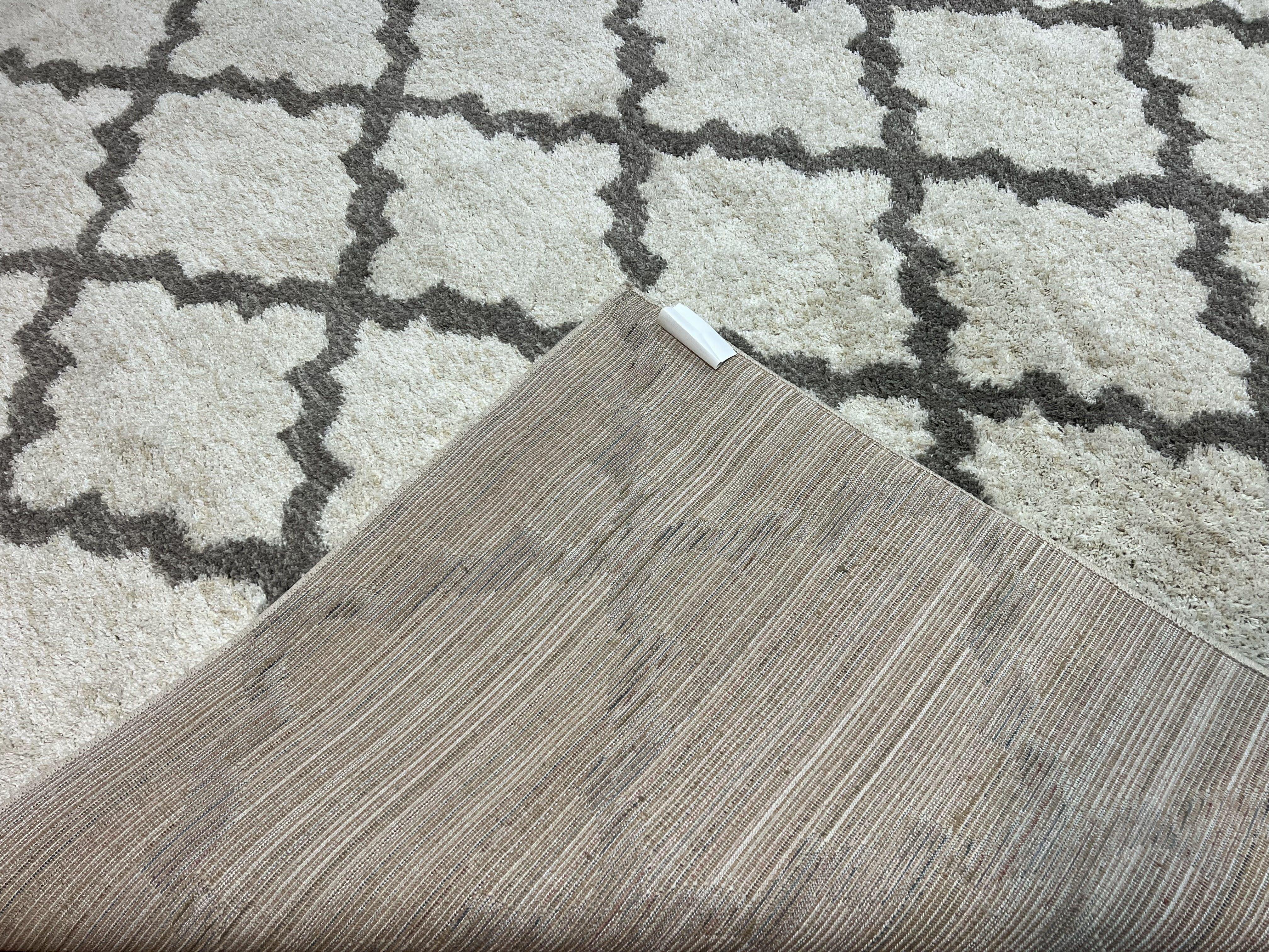 Modern Shag Rug, Ivory and Gray, Diamond Panel Design, Room Sized Area Rug