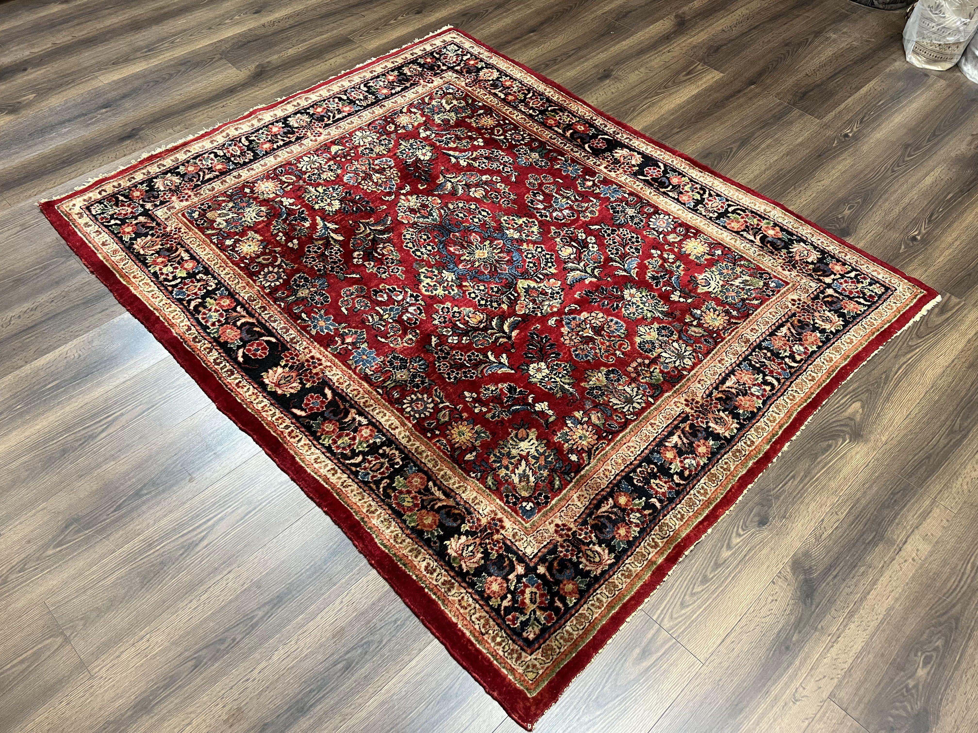 Rare Persian Almost Square Rug 6.3 x 5.3, Hand Knotted Wool Antique 1920s Sarouk Oriental Carpet, Red Navy Blue Beige, Floral Allover, 5x6 Area Rug