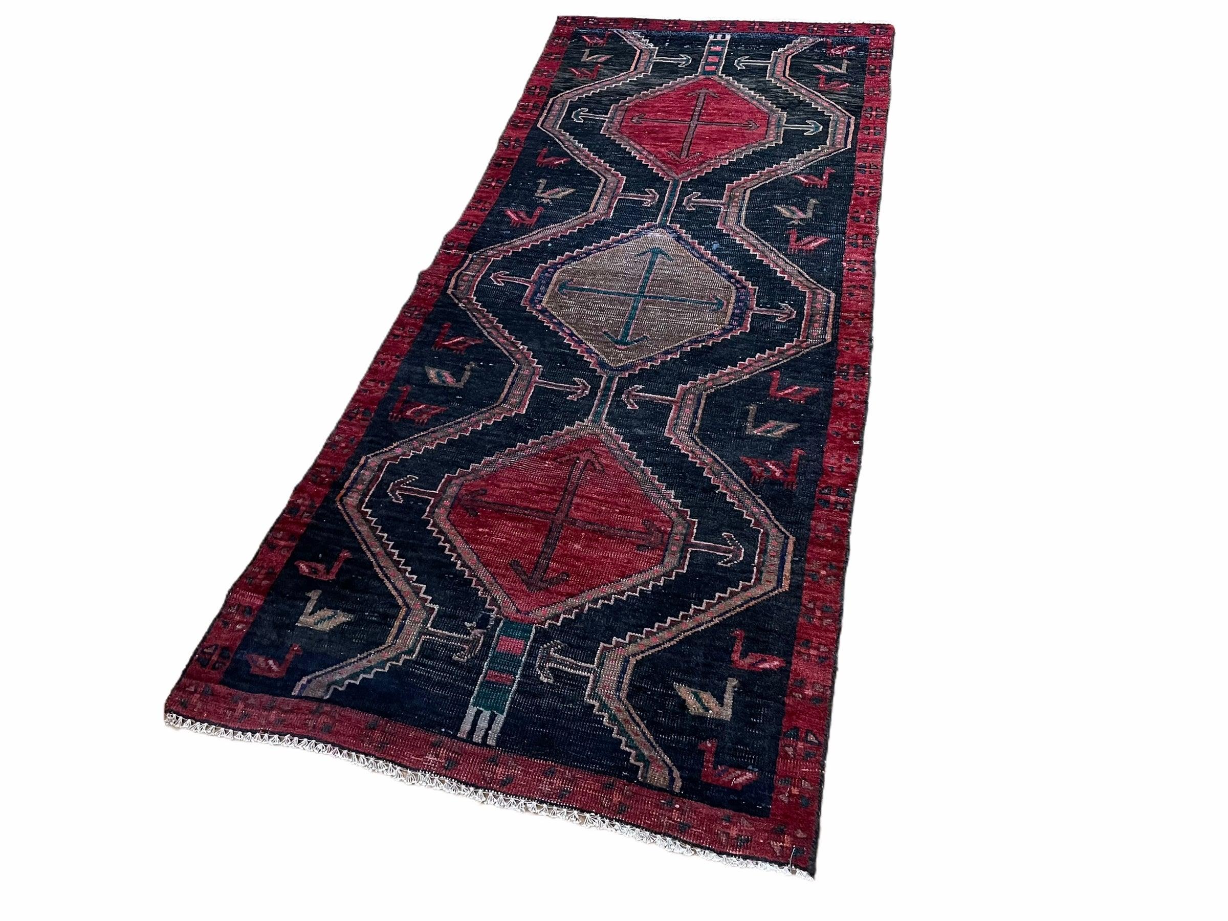 3 X 7 Handmade Wool Tribal Runner Rug Geometric Red Blue Boho Organic Dyes