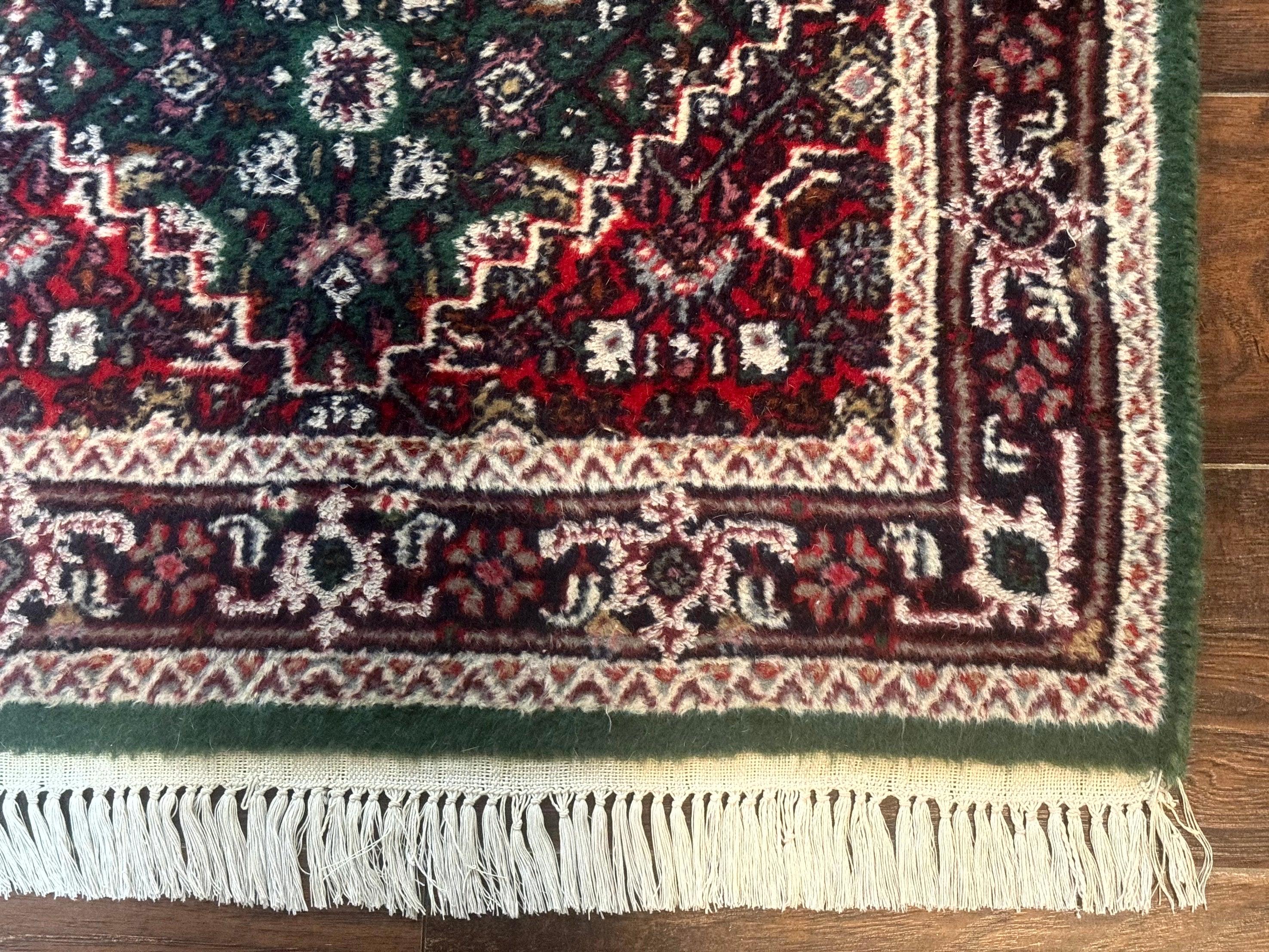 Green Indo Persian Bidjar Runner Rug 3x10, Green and Red