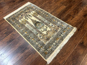 Silk Indian Kashmiri Rug 3x4, Very Fine 400 KPSI, Silk Prayer Rug, Handmade