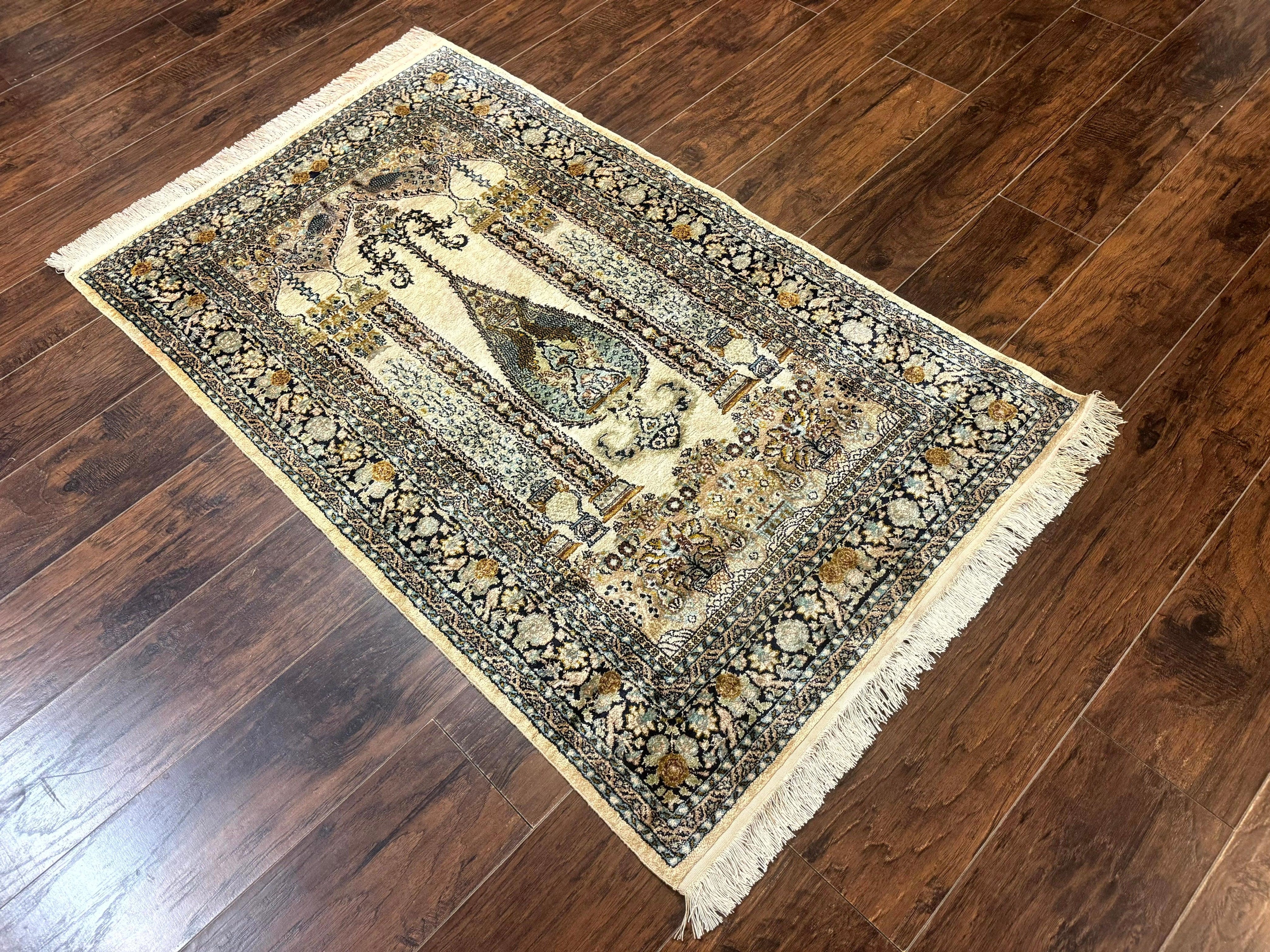 Silk Indian Kashmiri Rug 3x4, Very Fine 400 KPSI, Silk Prayer Rug, Handmade