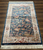Turkish Silk Hunting Design Rug 4x6, Dark Steel Blue & Ivory, Bamboo Silk, New