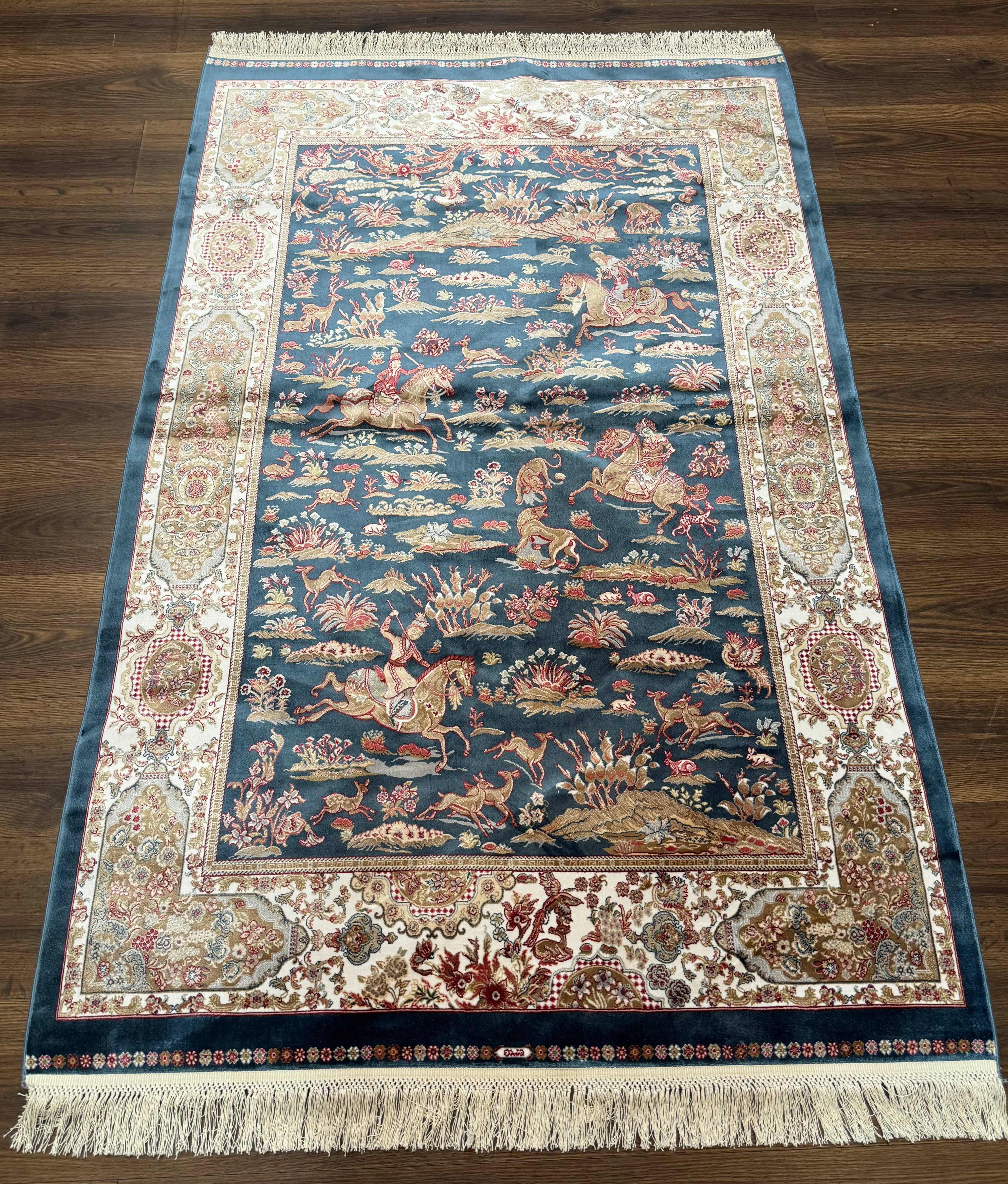 Turkish Silk Hunting Design Rug 4x6, Dark Steel Blue & Ivory, Bamboo Silk, New