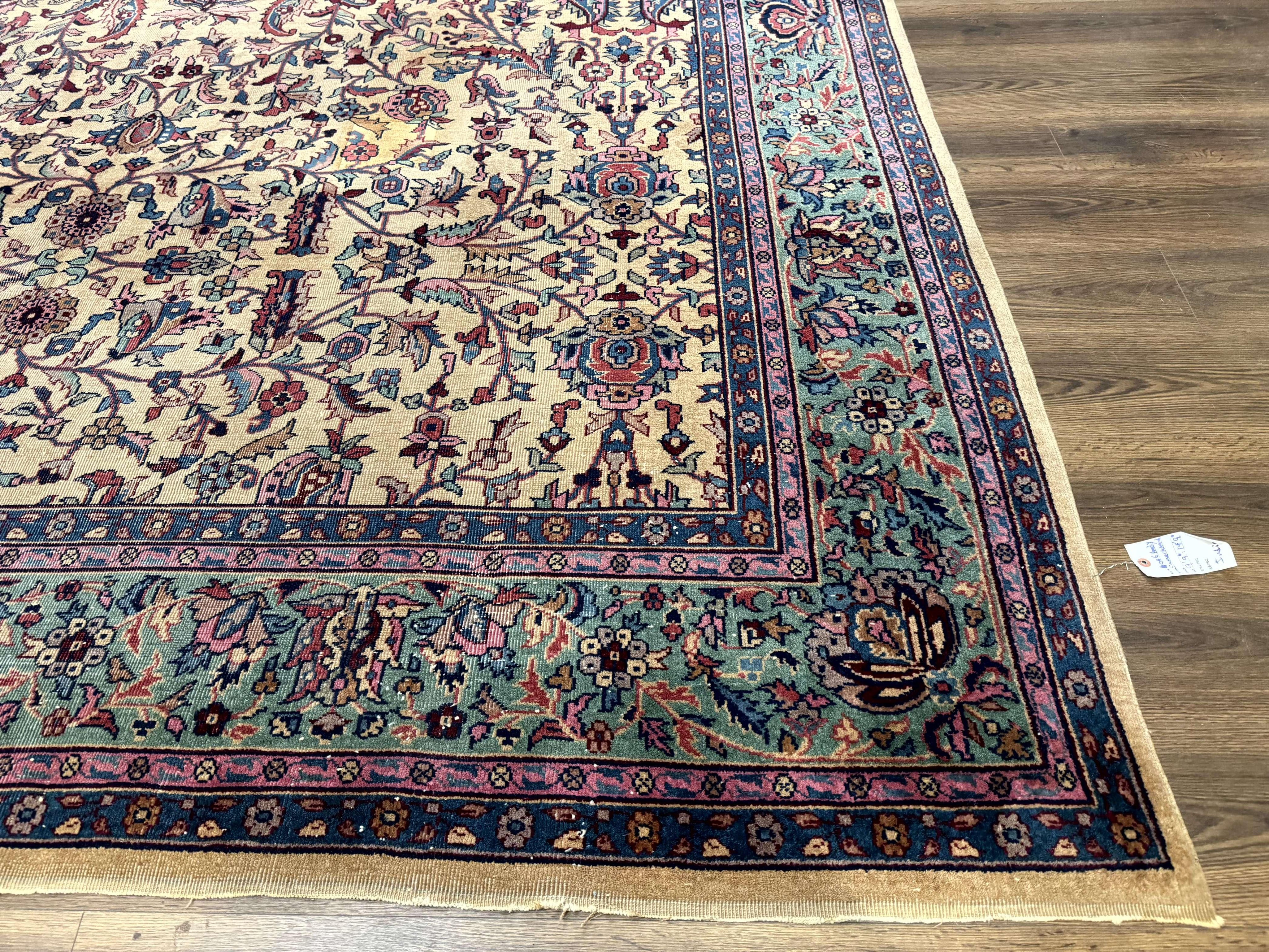 Antique Persian Rug 10x15, Camel and Cyan, Allover Pattern, Rare, Samarkand Rug