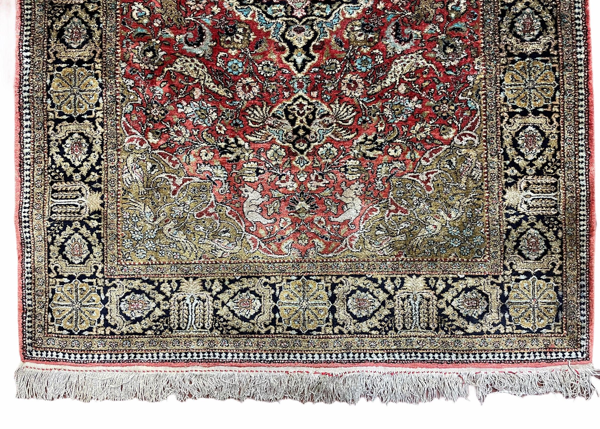 Persian Qum Silk Rug 3.8 x 5.6, Silk on Silk, Animal Pictorials, Fine 330 KPSI