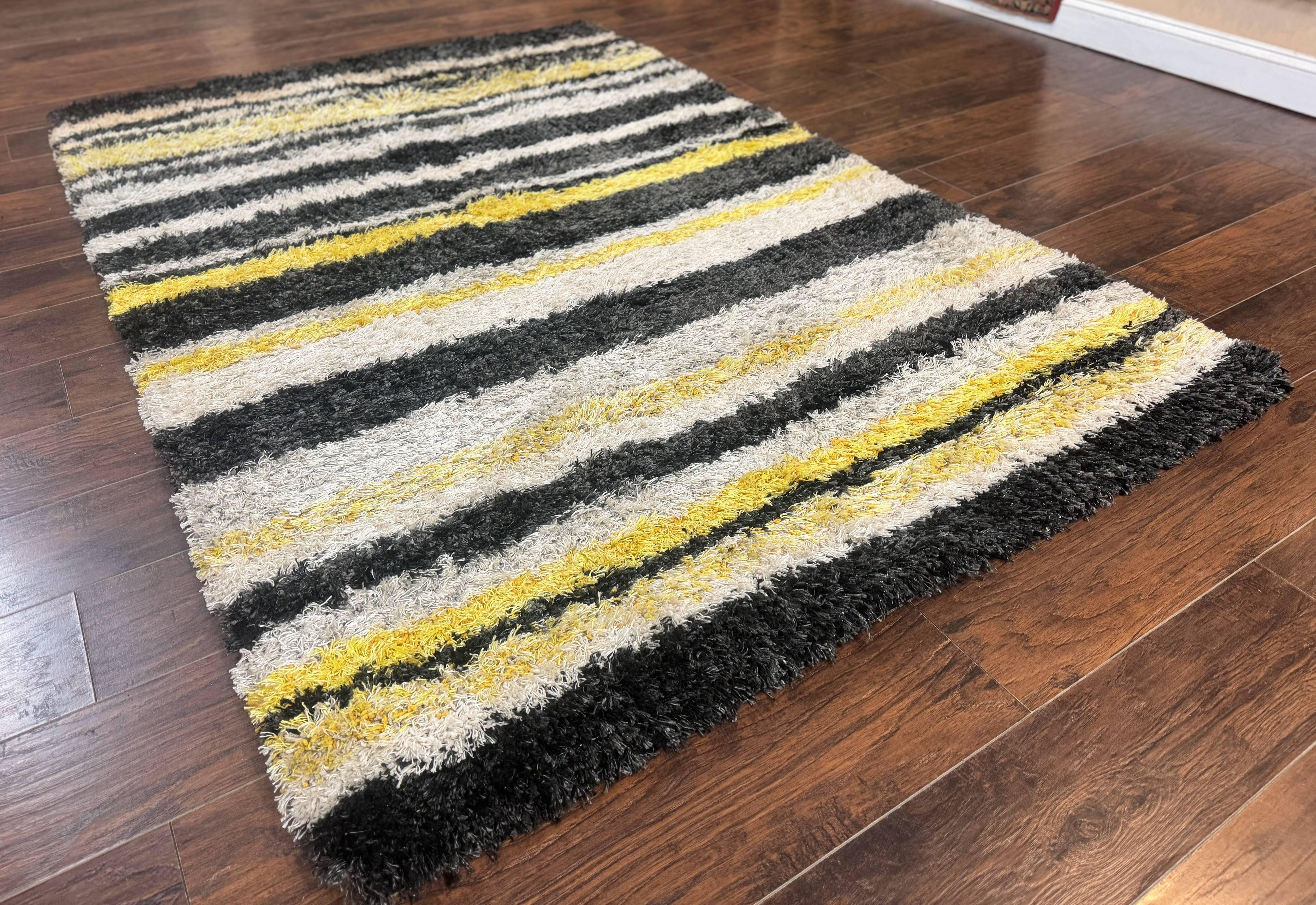 Shag Rug 5x8, Yellow Ivory Charcoal, Contemporary