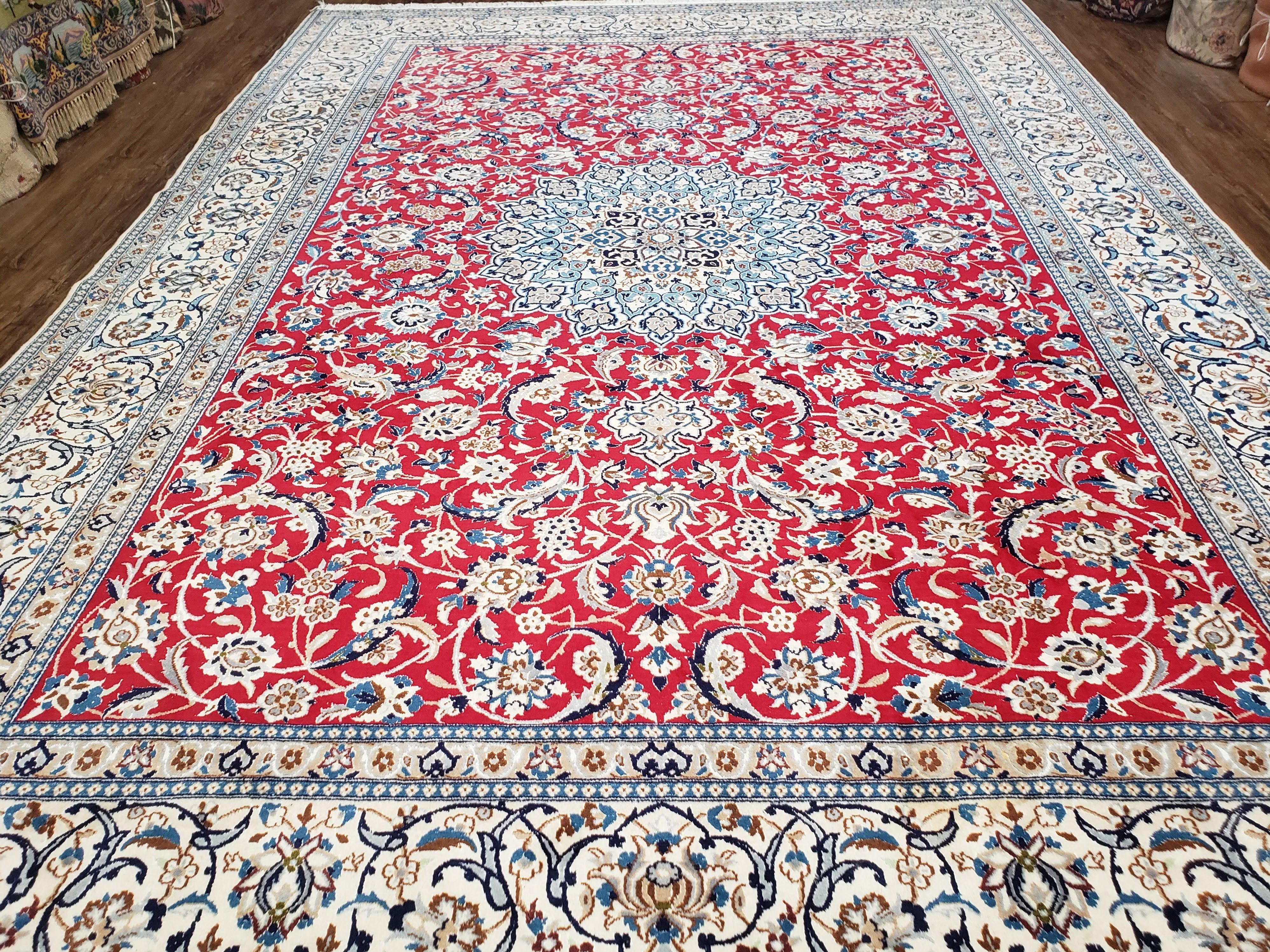 Persian Nain Rug 8x12, Red and Ivory, Signed