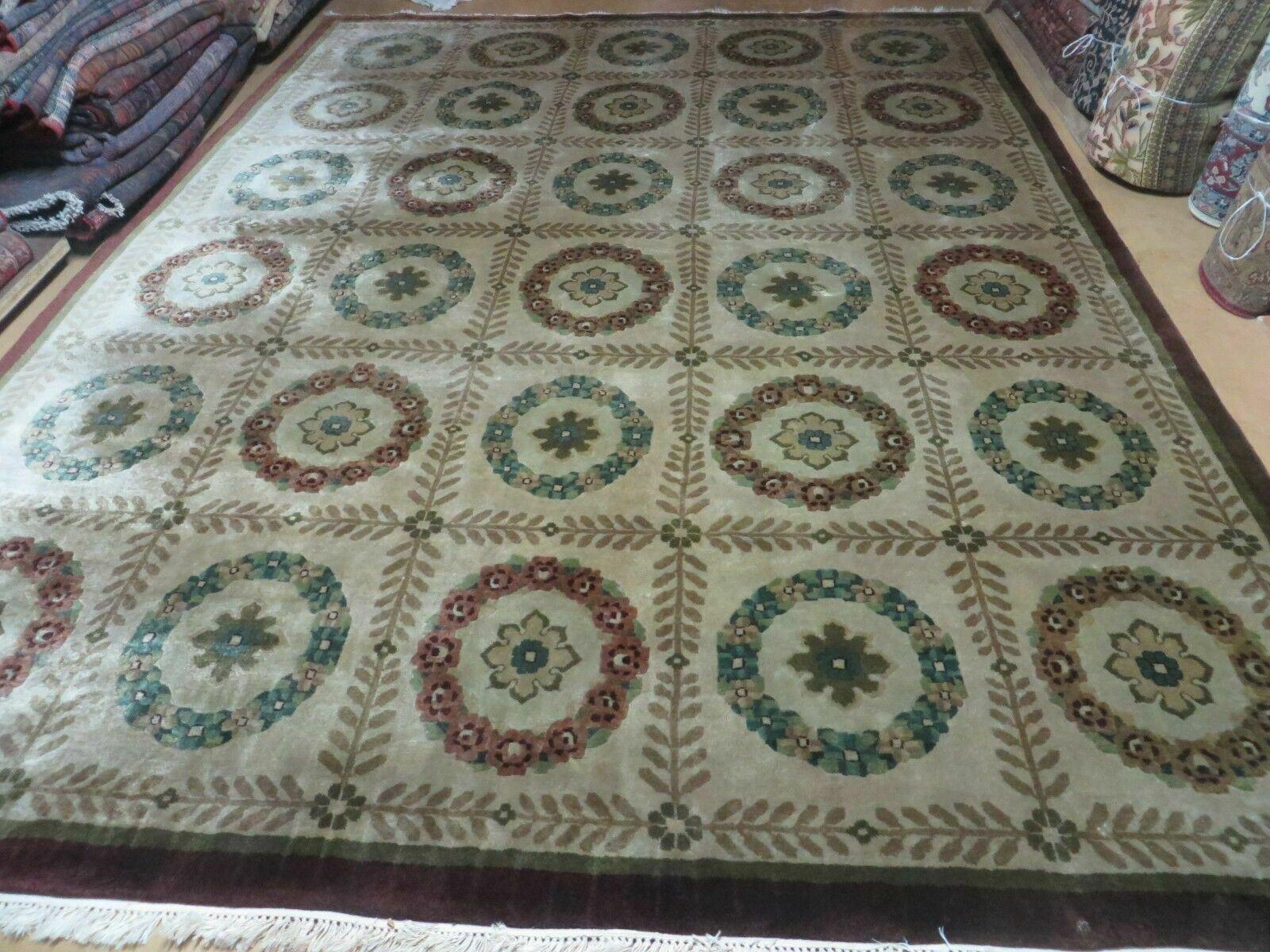 9' X 12' Modern Handmade Indo Lahore Wool Rug Art Deco Olive Ivory Nice Wow