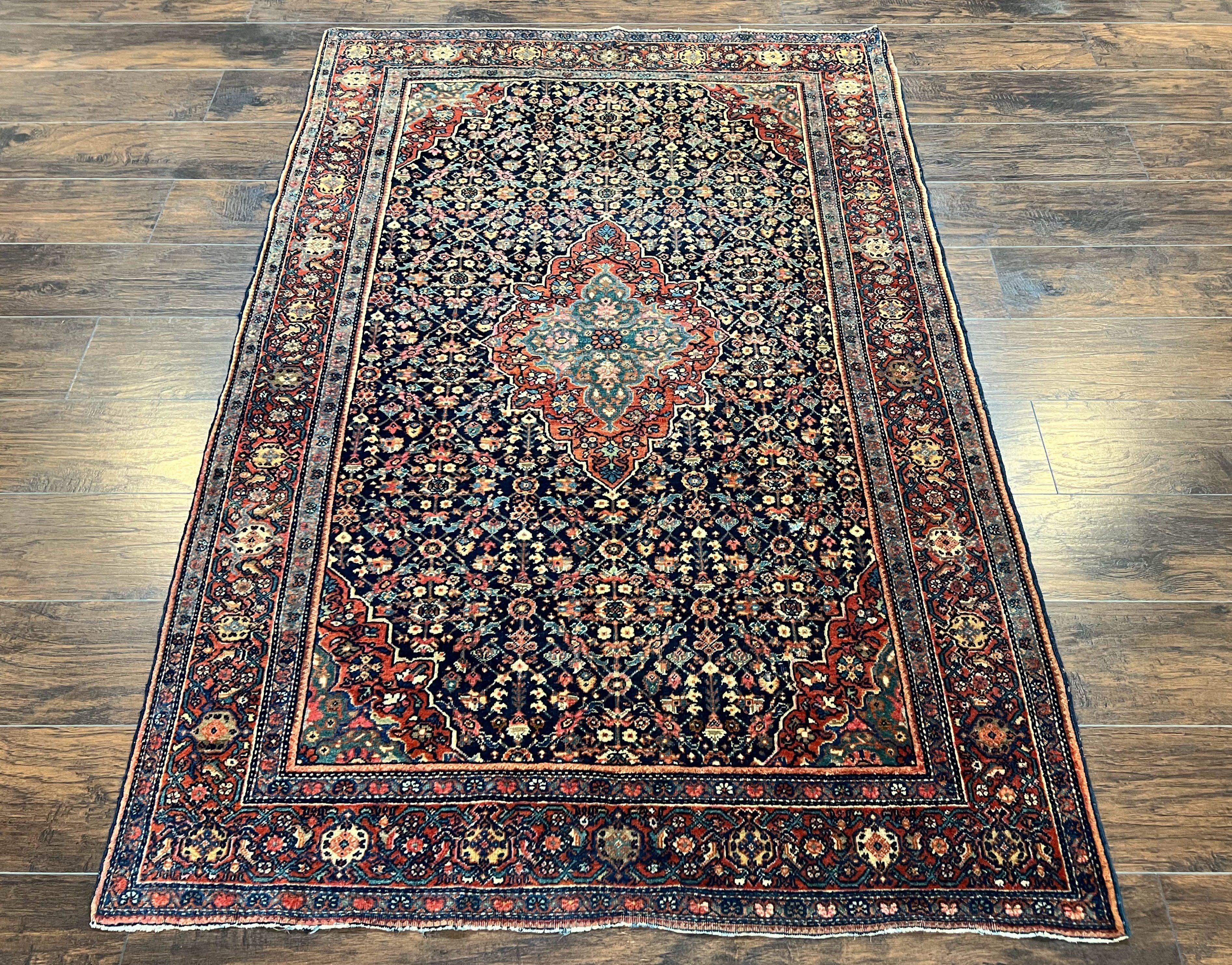 Persian Rug 4x7 Antique Sarouk Farahan Carpet, Navy Blue and Red Wool Rug