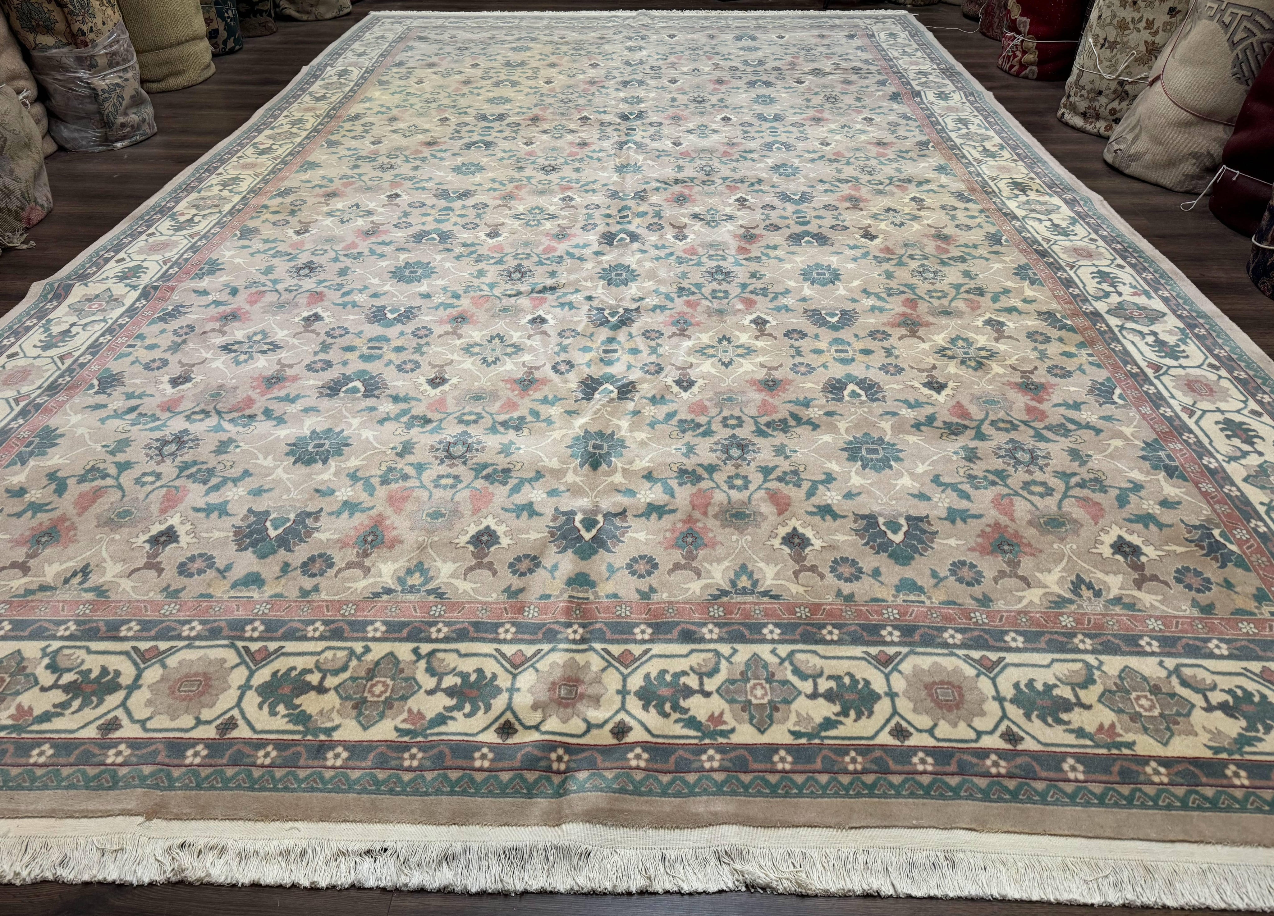 Palace Size Wool Rug 10x18, Sino Persian Kerman Rug, Oversized Hand Knotted Carpet, Light Taupe, Allover Pattern