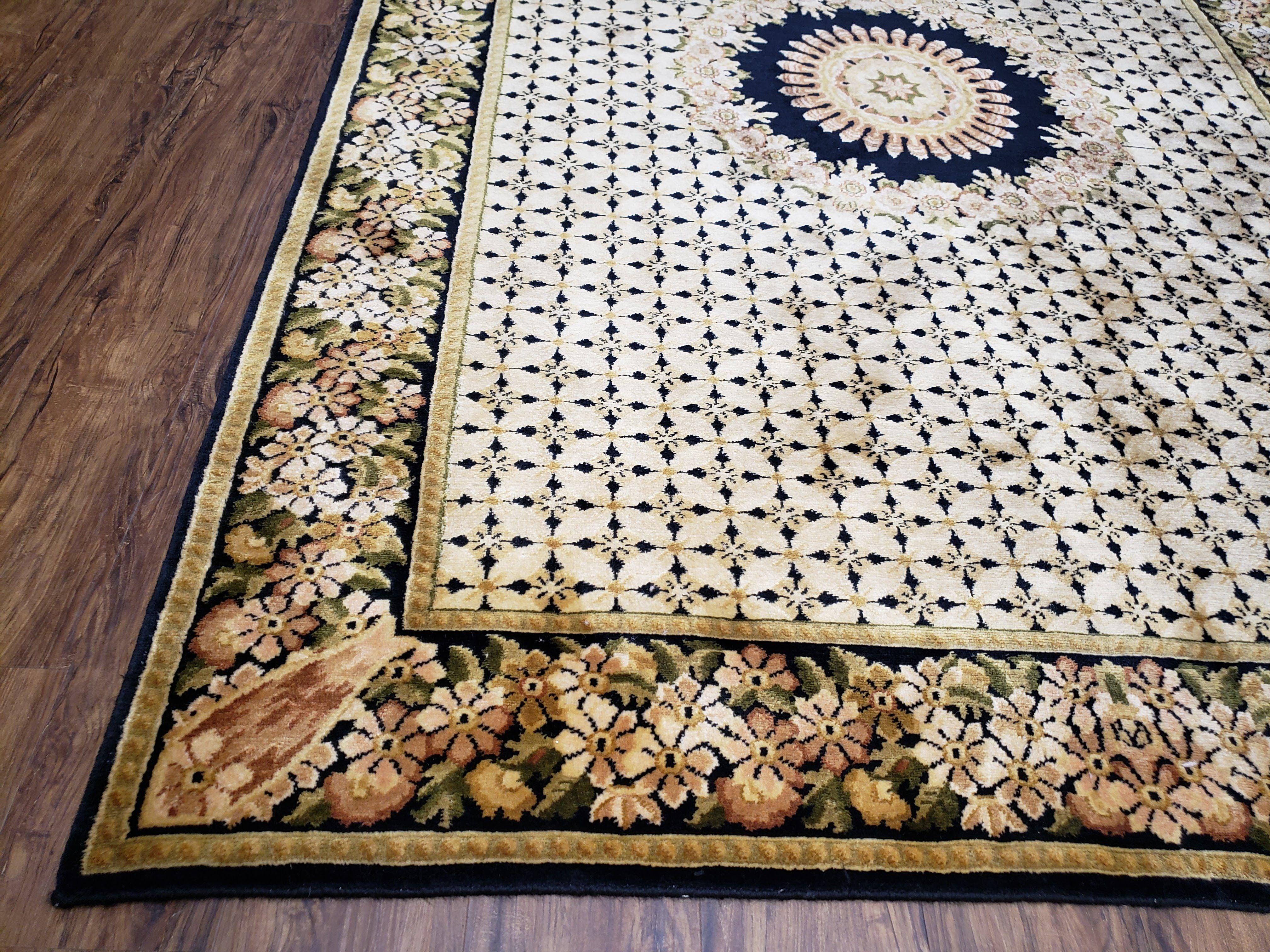 Indian Rug with Tibetan Weave, 6x8 - 6x9 Rugs, Indo-Tibetan Rug, Black and Cream Beige Tan, Floral Border, Soft Rug, Handmade Area Rug, Wool