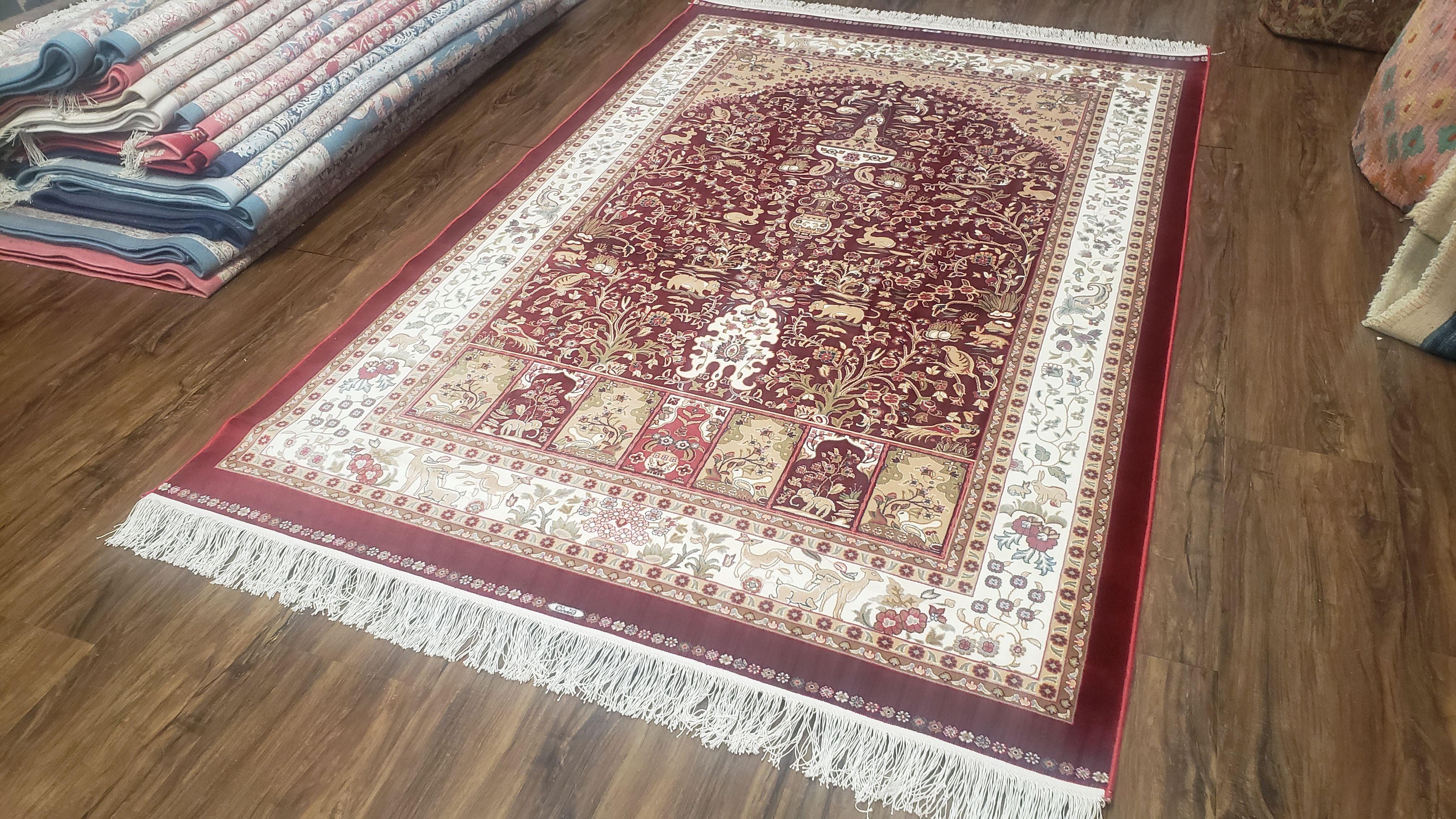 Silk Carpet 4x6 Dark Red & Cream, Tree of Life Rug, Animal Motifs, Birds Deer Rabbits, All Bamboo Silk, 4 x 6 Silk Area Rug