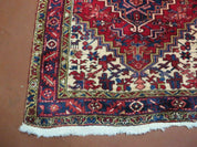 Persian Runner Rug, Heriz Runner Rug, Geometric Medallions, Red Cream Navy Blue Wool Hallway Rug 3.9 x 10.8 Antique Oriental Runner Handmade