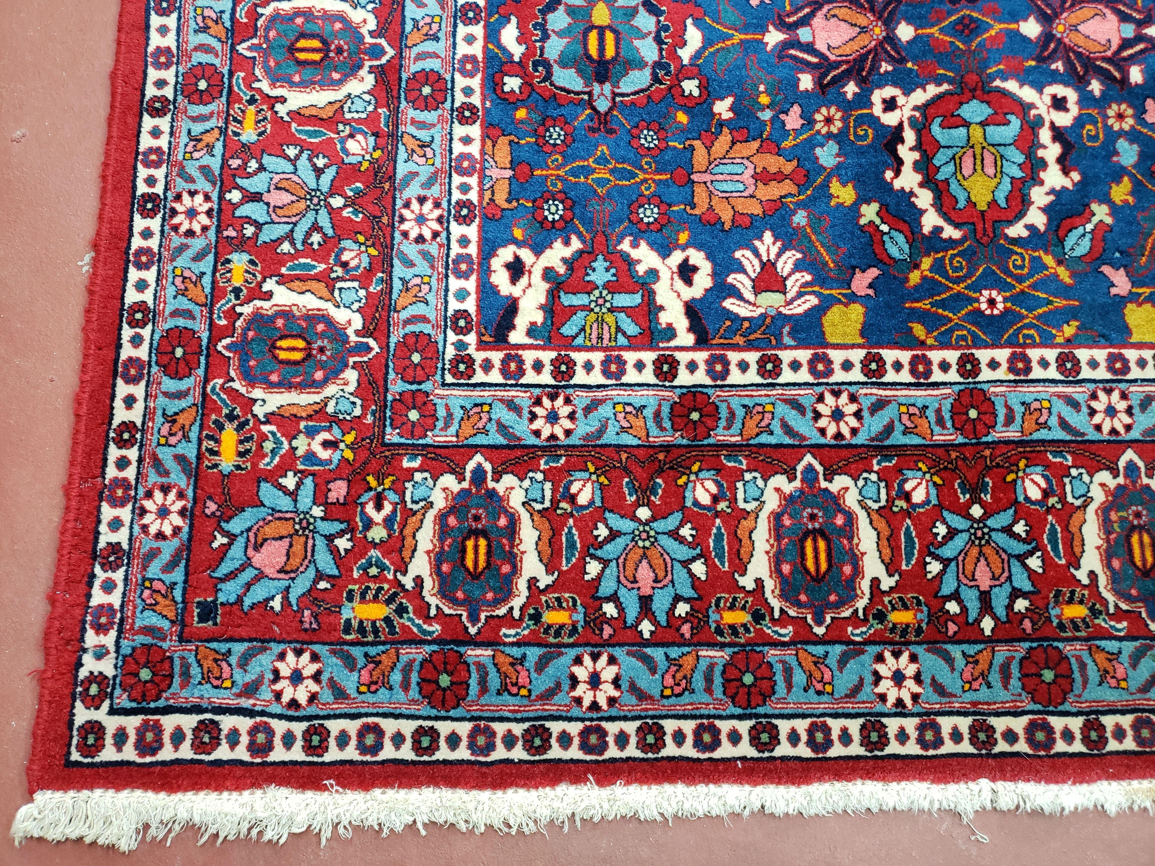 Rare Antique Persian Veramin Carpet, Mina-Khani Pattern, Blue, Red, Ivory, 7x11 ft, Hand-Knotted, Wool