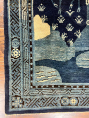 Antique Chinese Peking Rug 3x5, Dark Blue Chinese Wool Rug 3 x 5, Animal Pictorials Deer Birds, Handmade Asian Oriental Chinese Carpet