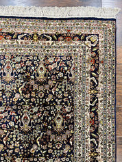 Silk Indian Kashmiri Rug 5x7, Navy Blue Indo Persian Silk Carpet 5 x 7 ft, Hand Knotted Handmade Very Fine Oriental Carpet, 450 KPSI, Birds