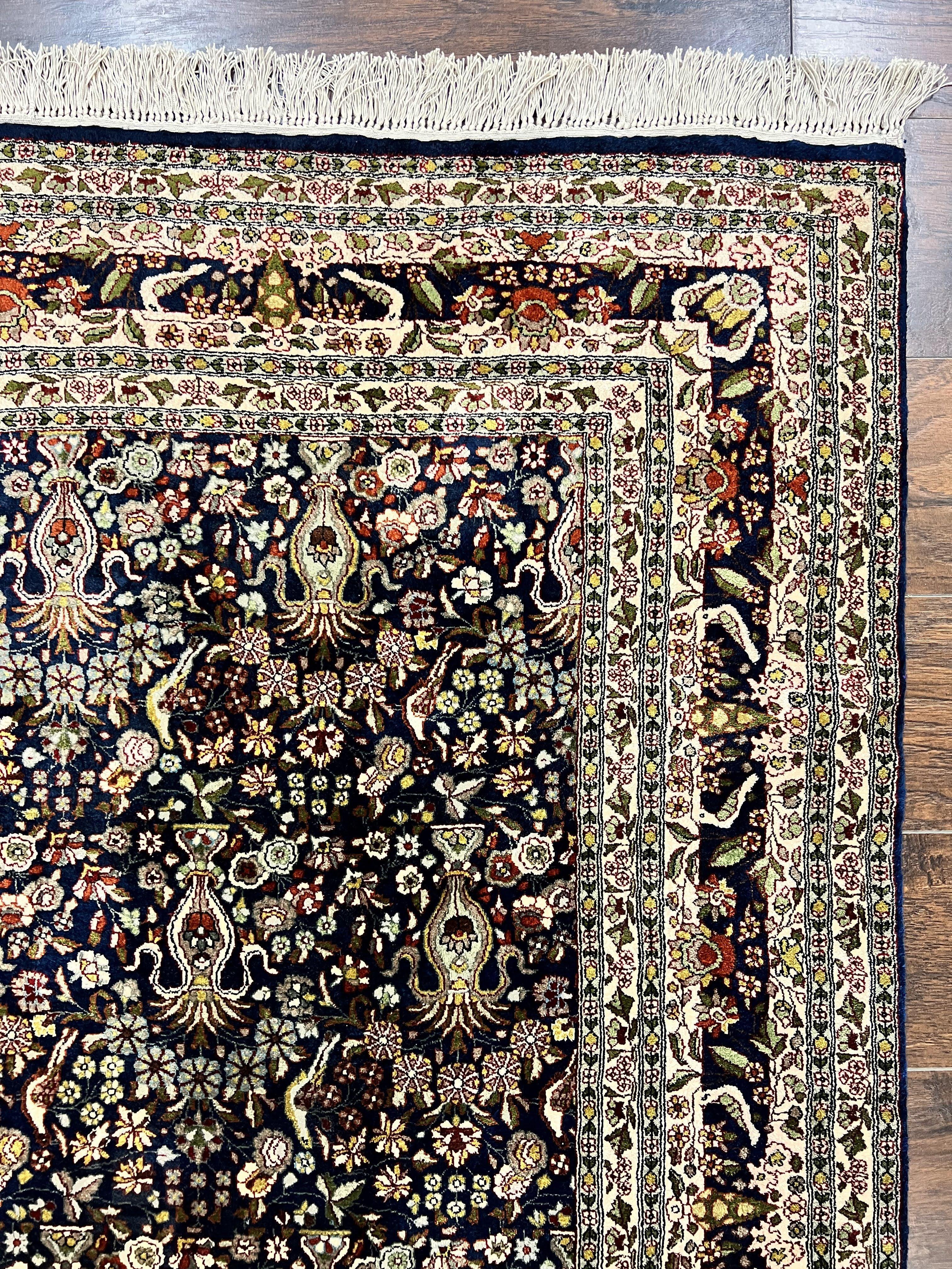 Silk Indian Kashmiri Rug 5x7, Navy Blue Indo Persian Silk Carpet 5 x 7 ft, Hand Knotted Handmade Very Fine Oriental Carpet, 450 KPSI, Birds