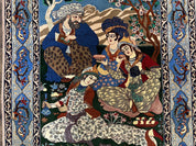 Fine Persian Isfahan Pictorial Rug 3.7 x 5, Kork Wool on Silk Foundation, Blue Persian Carpet, Hand Knotted, Humans Birds, High KPSI, Semi Antique