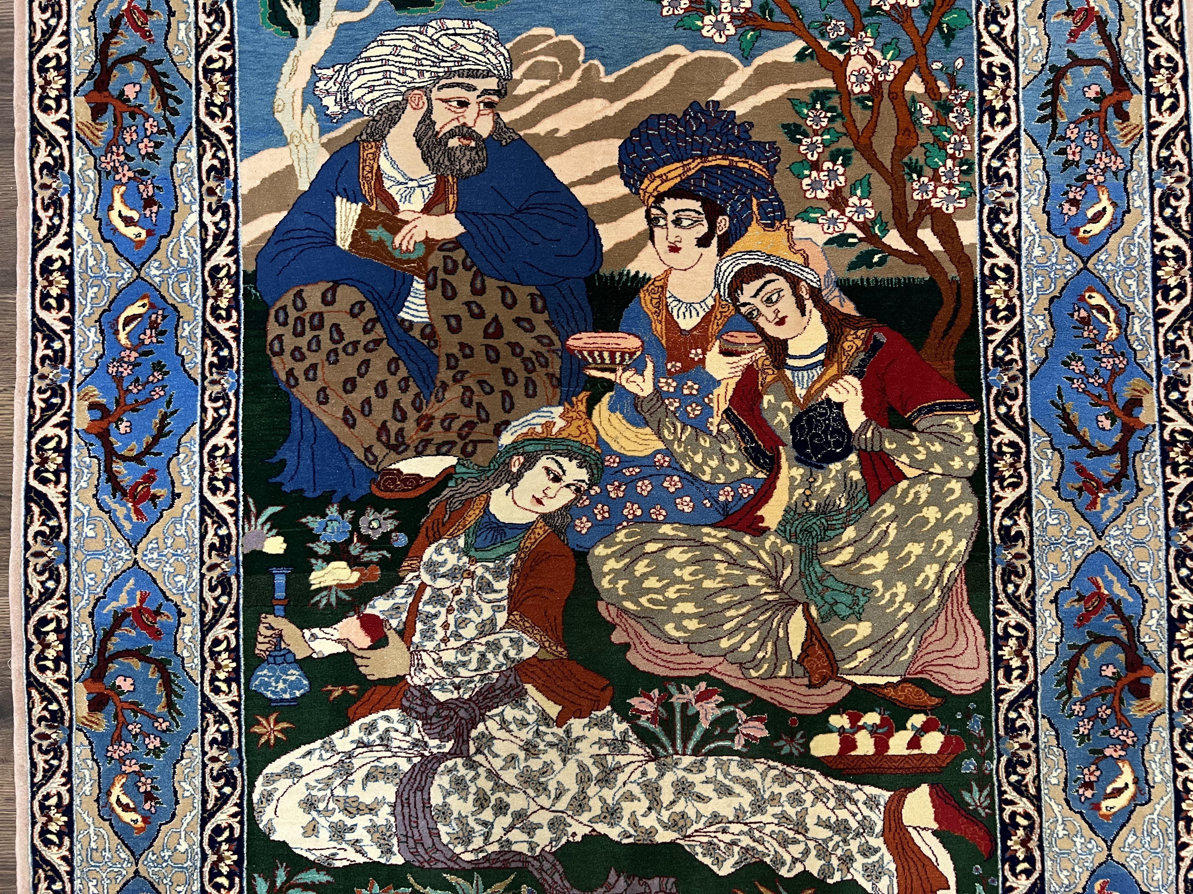 Fine Persian Isfahan Pictorial Rug 3.7 x 5, Kork Wool on Silk Foundation, Blue Persian Carpet, Hand Knotted, Humans Birds, High KPSI, Semi Antique