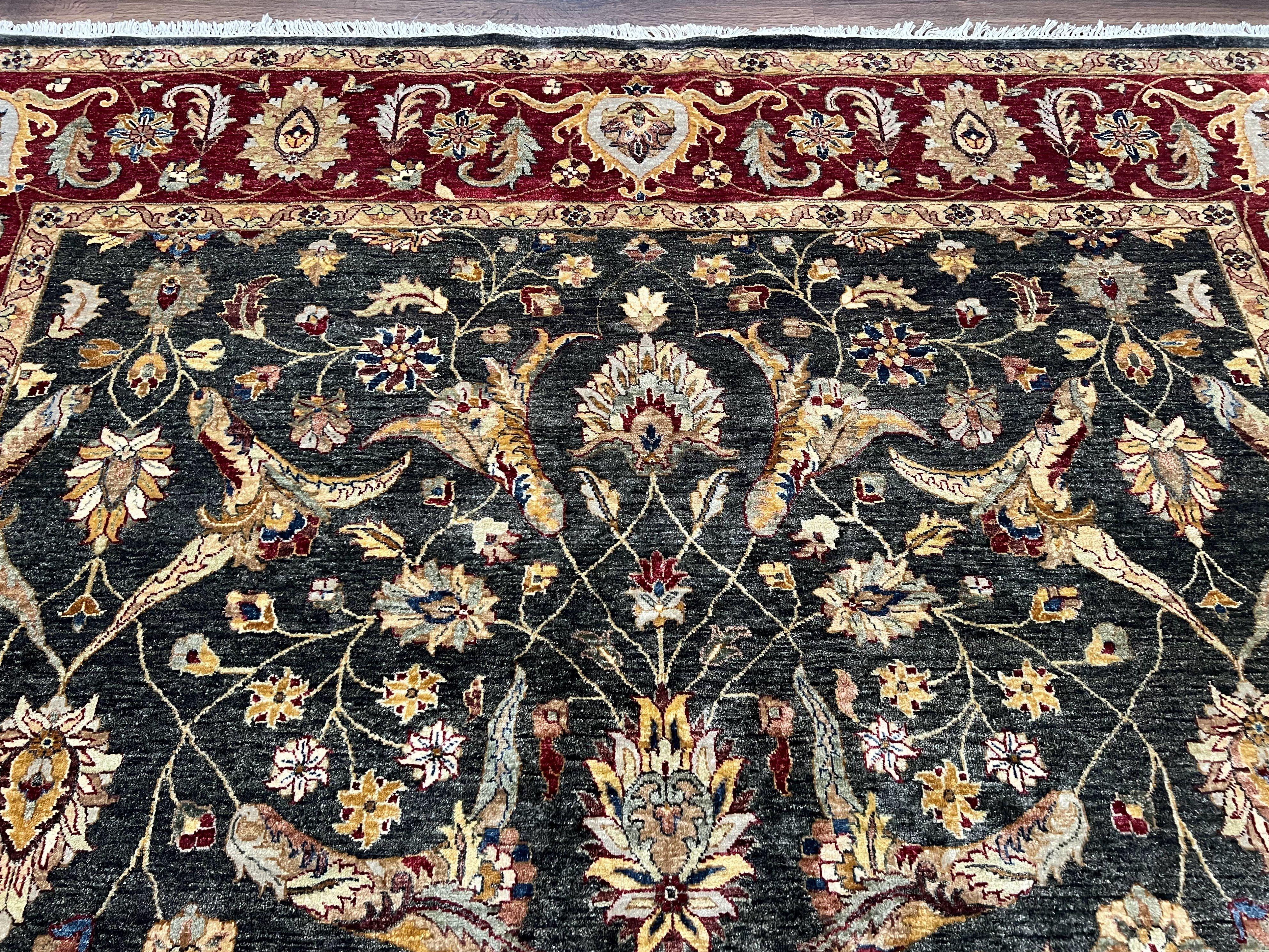 Pak Persian Mahal Rug 9x12, Allover Floral Pakistani Oriental Carpet 9 x 12, Wool Hand Knotted Area Rug, Dark Slate Gray-Black and Maroon