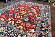 Indo Heriz Rug 8x10, Red and Navy Blue, Allover Pattern, Wool Handmade Carpet
