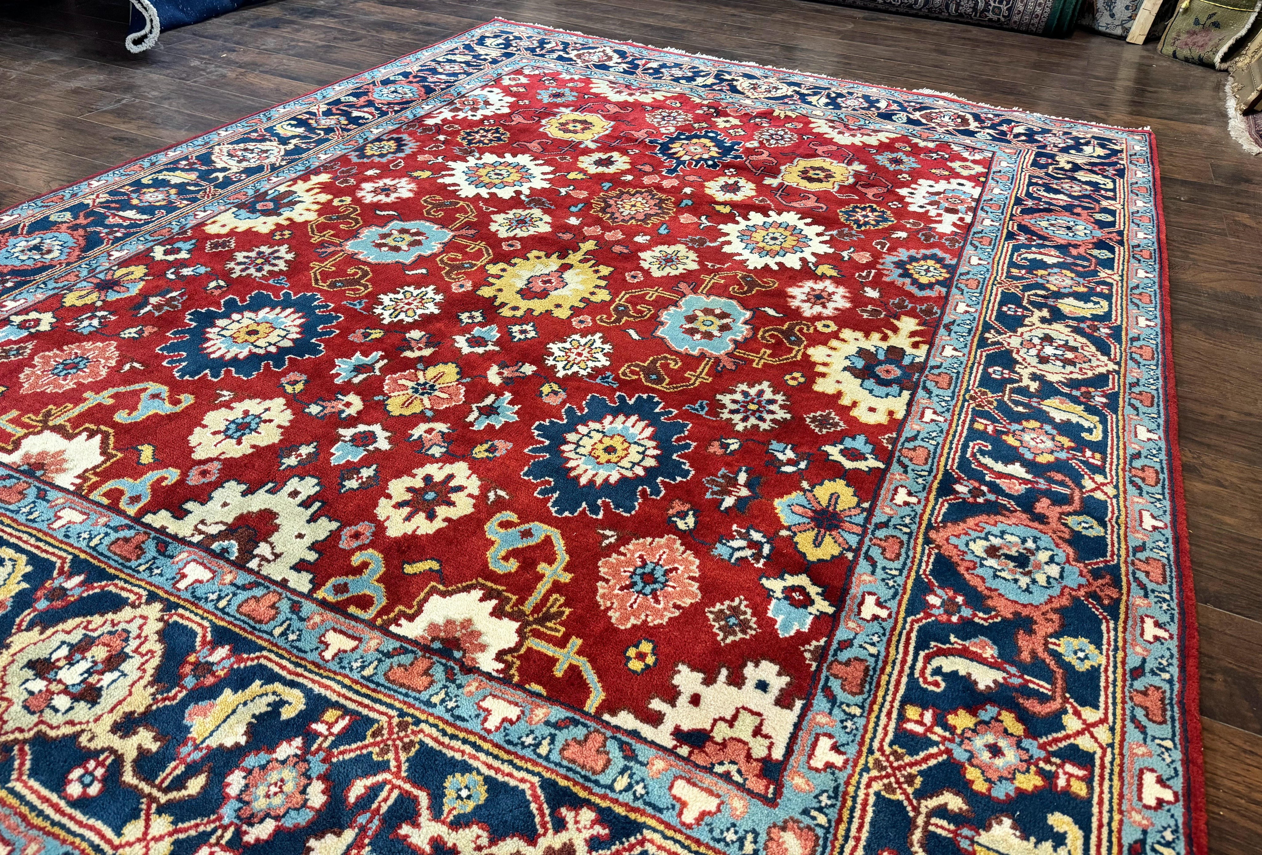 Indo Heriz Rug 8x10, Red and Navy Blue, Allover Pattern, Wool Handmade Carpet