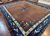 Antique Chinese Wool Rug 9x11, Large Chinese Art Deco Rug, Peking Rug, Brown and Blue, Open Field, Fete Rug