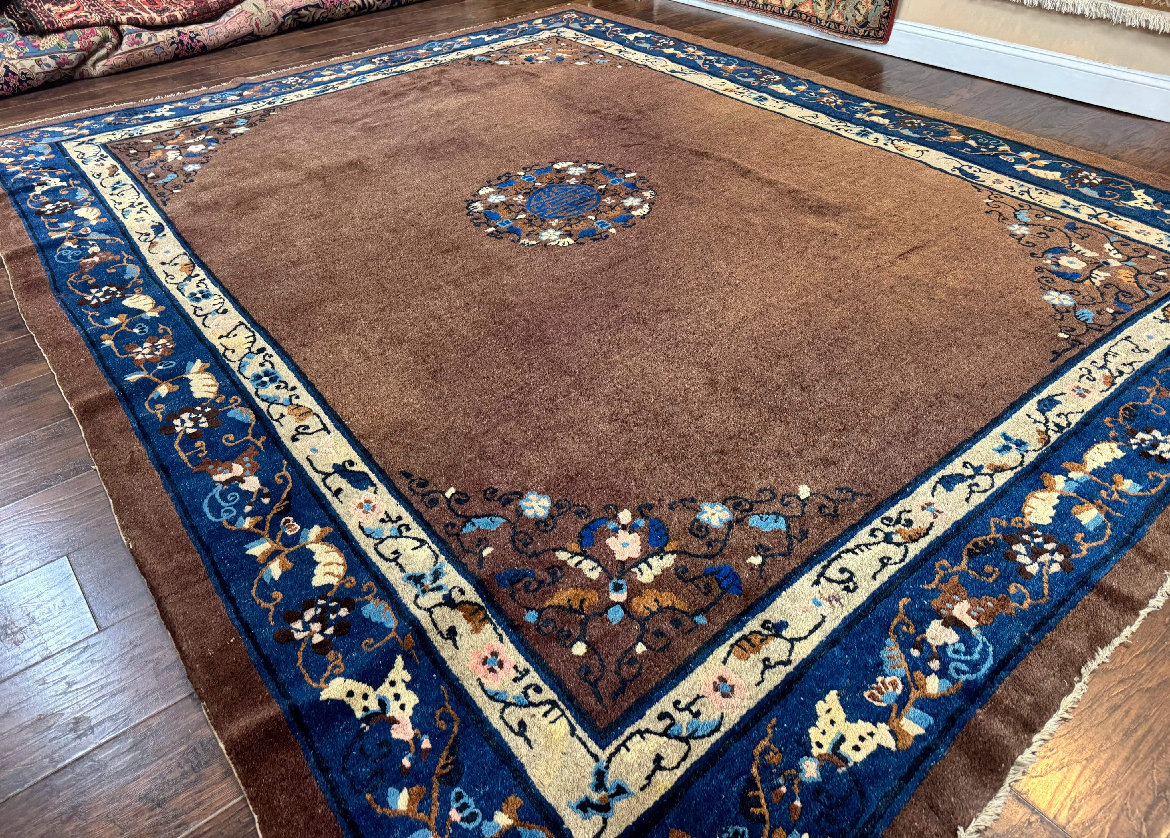 Antique Chinese Wool Rug 9x11, Large Chinese Art Deco Rug, Peking Rug, Brown and Blue, Open Field, Fete Rug