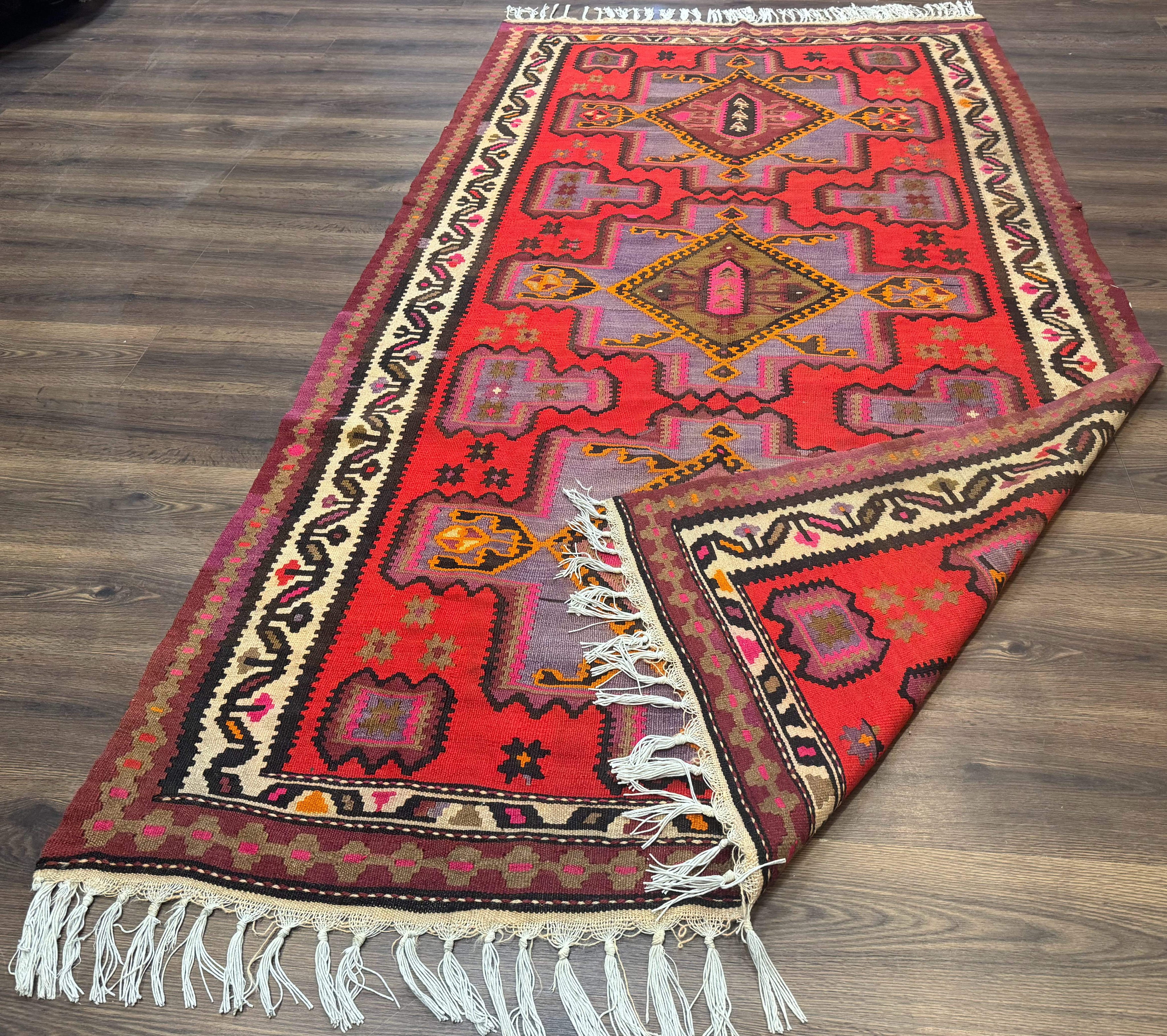 Persian Kurdish Zarand Kilim Rug 5x9, Red, Geometric Medallions, Wide Runner